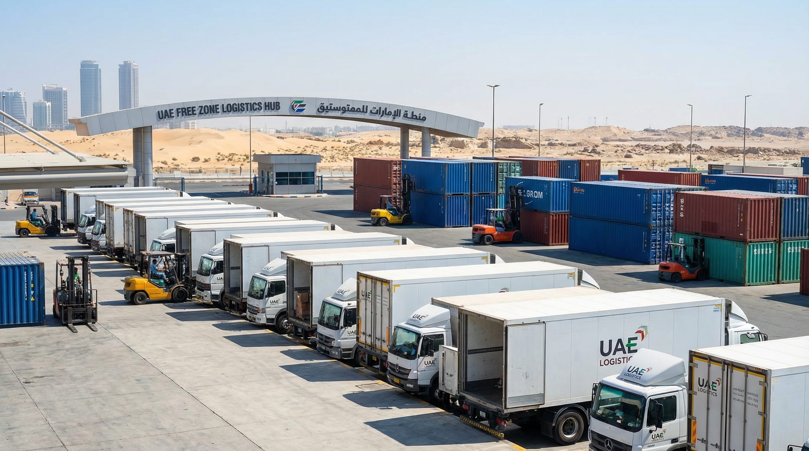 Free zone logistics infrastructure in the UAE showing warehouse complexes and transport corridors