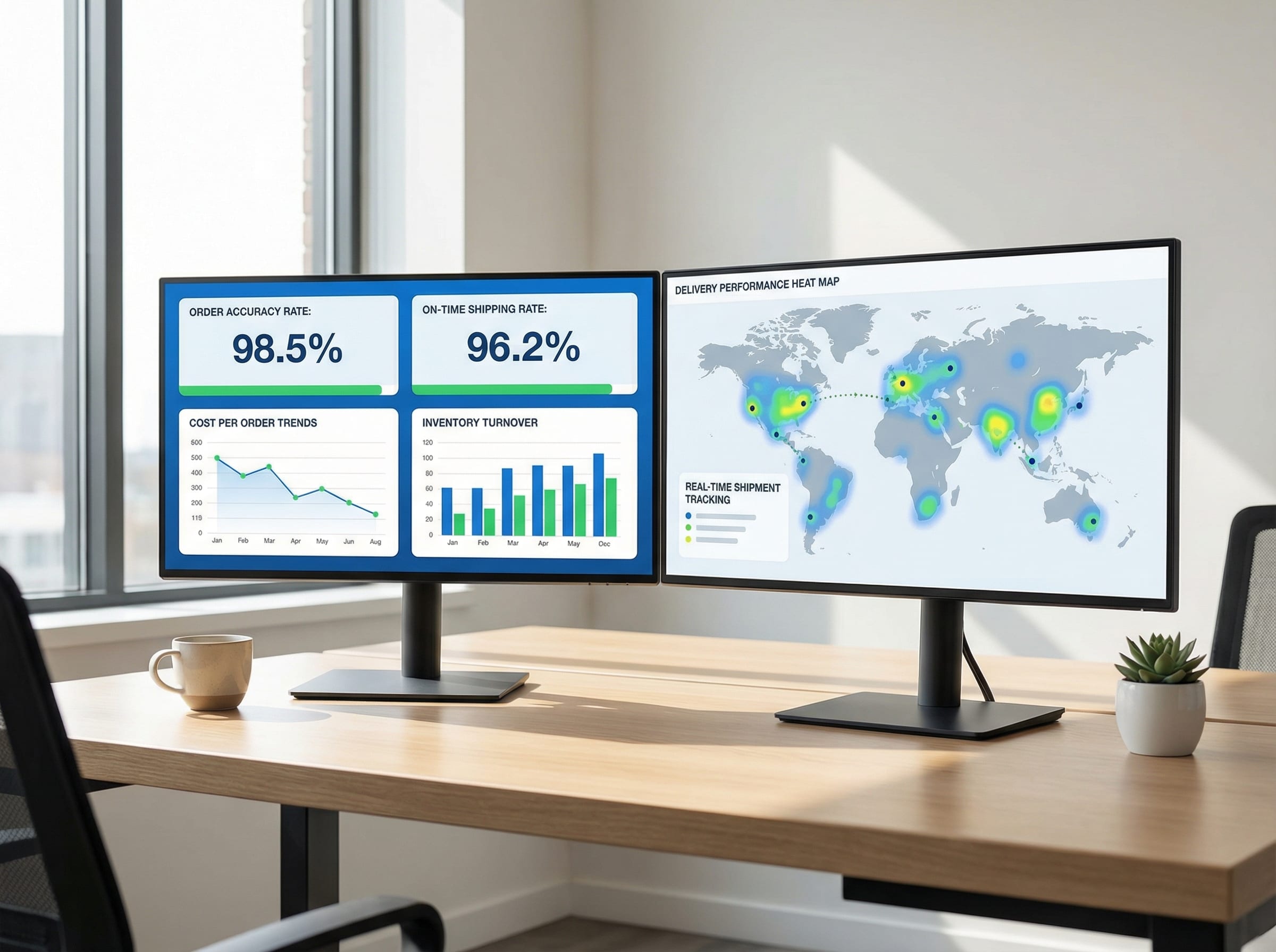 Logistics analytics dashboard showing KPI performance metrics and delivery heat maps on dual monitors