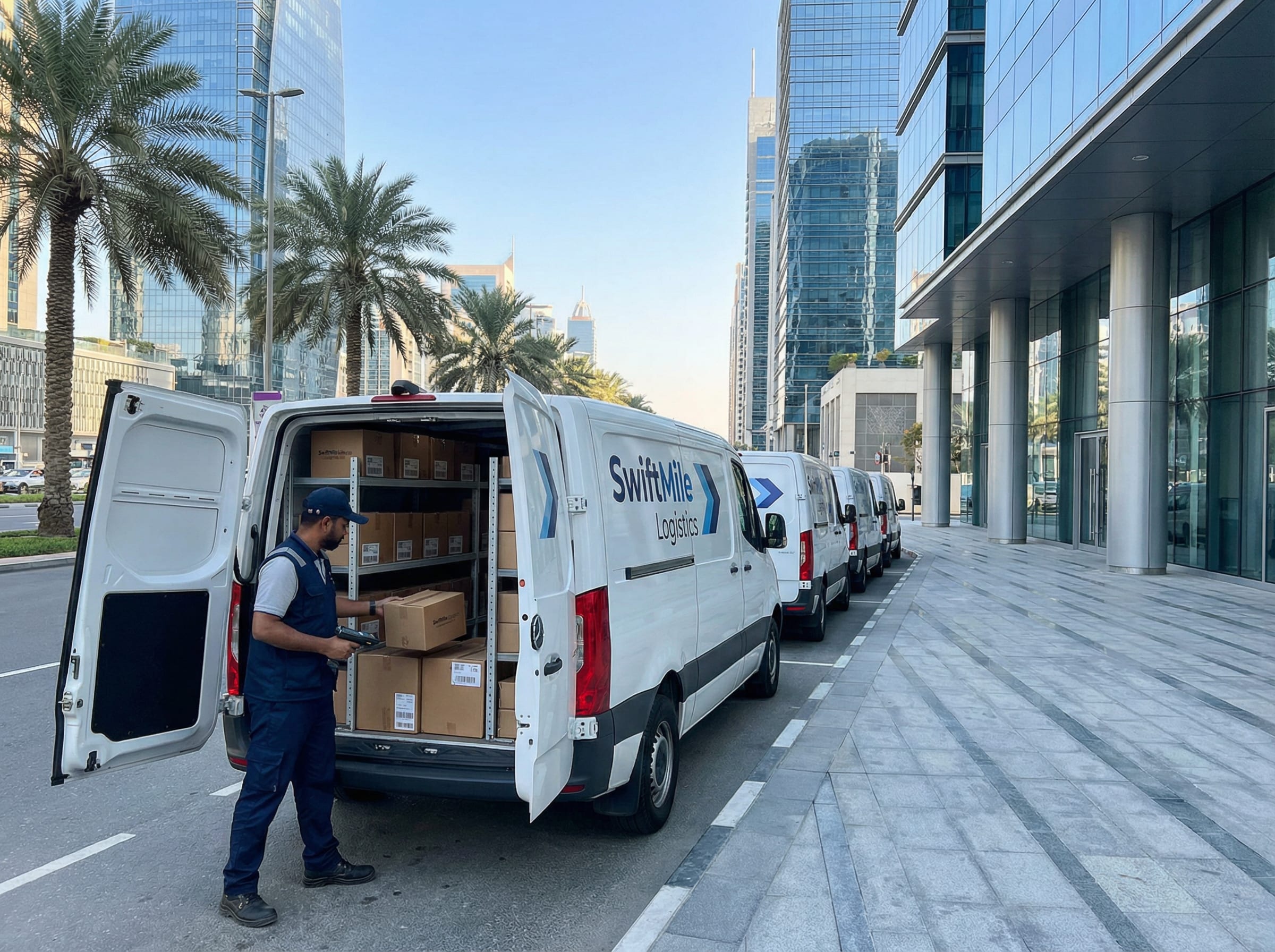 Fleet of delivery vans at a modern distribution hub in a Middle Eastern urban district