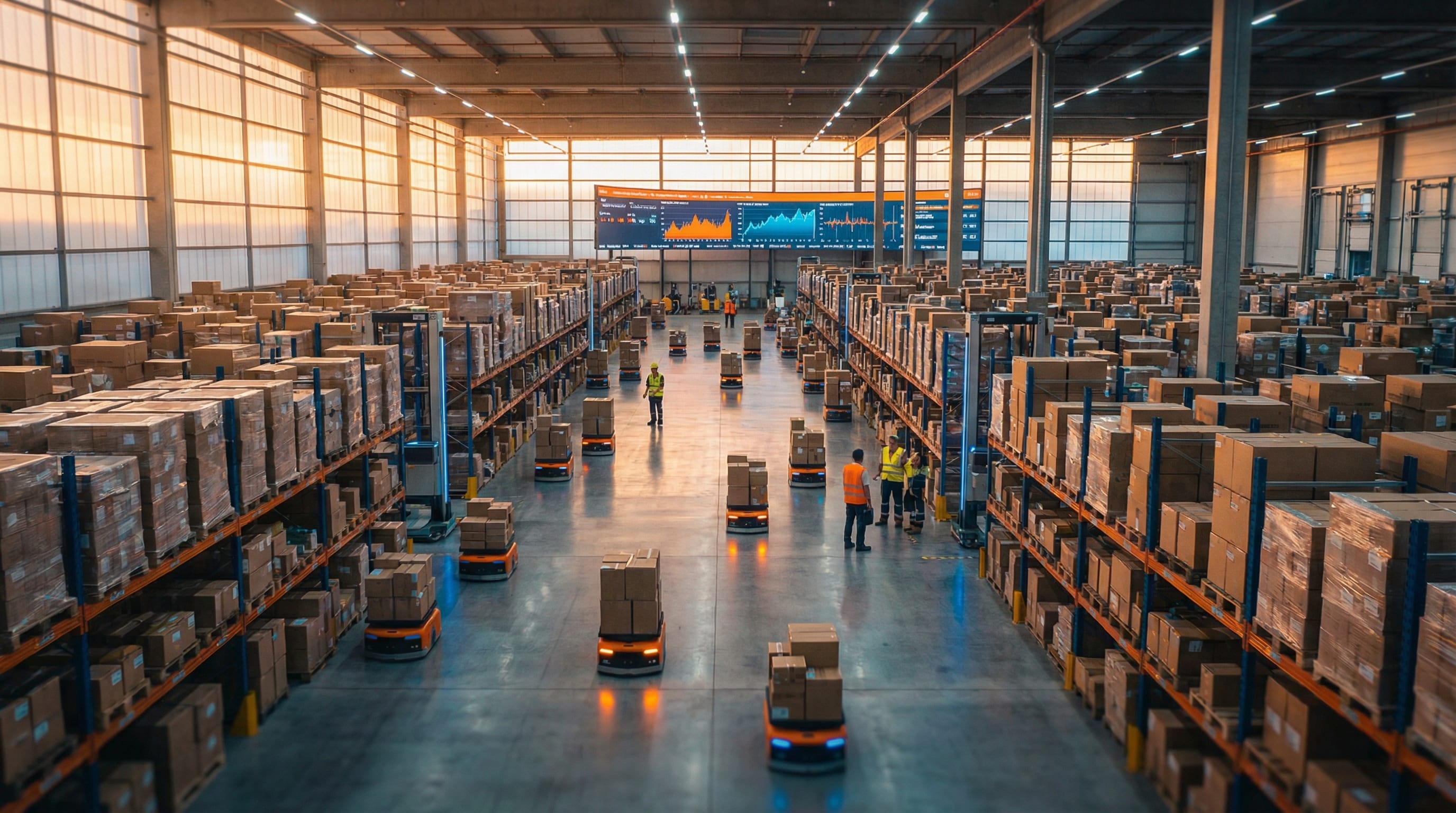 Modern third-party logistics warehouse with autonomous robots and workers managing inventory at scale