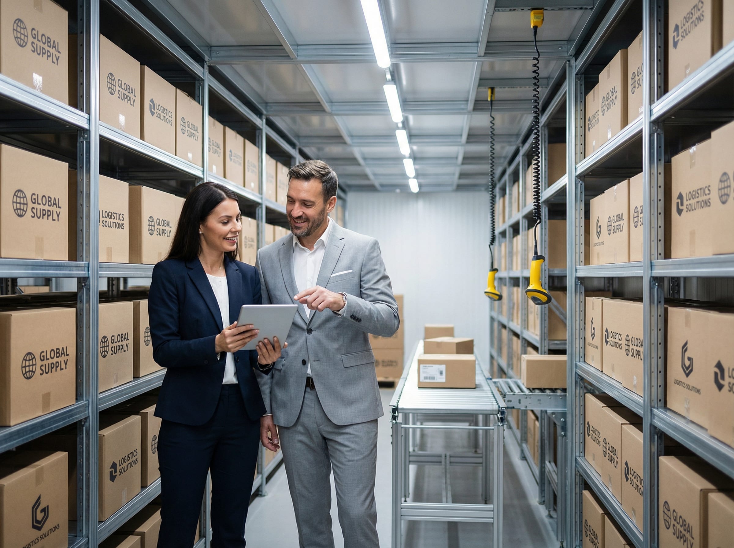 Business professionals reviewing logistics operations on a tablet inside a modern warehouse