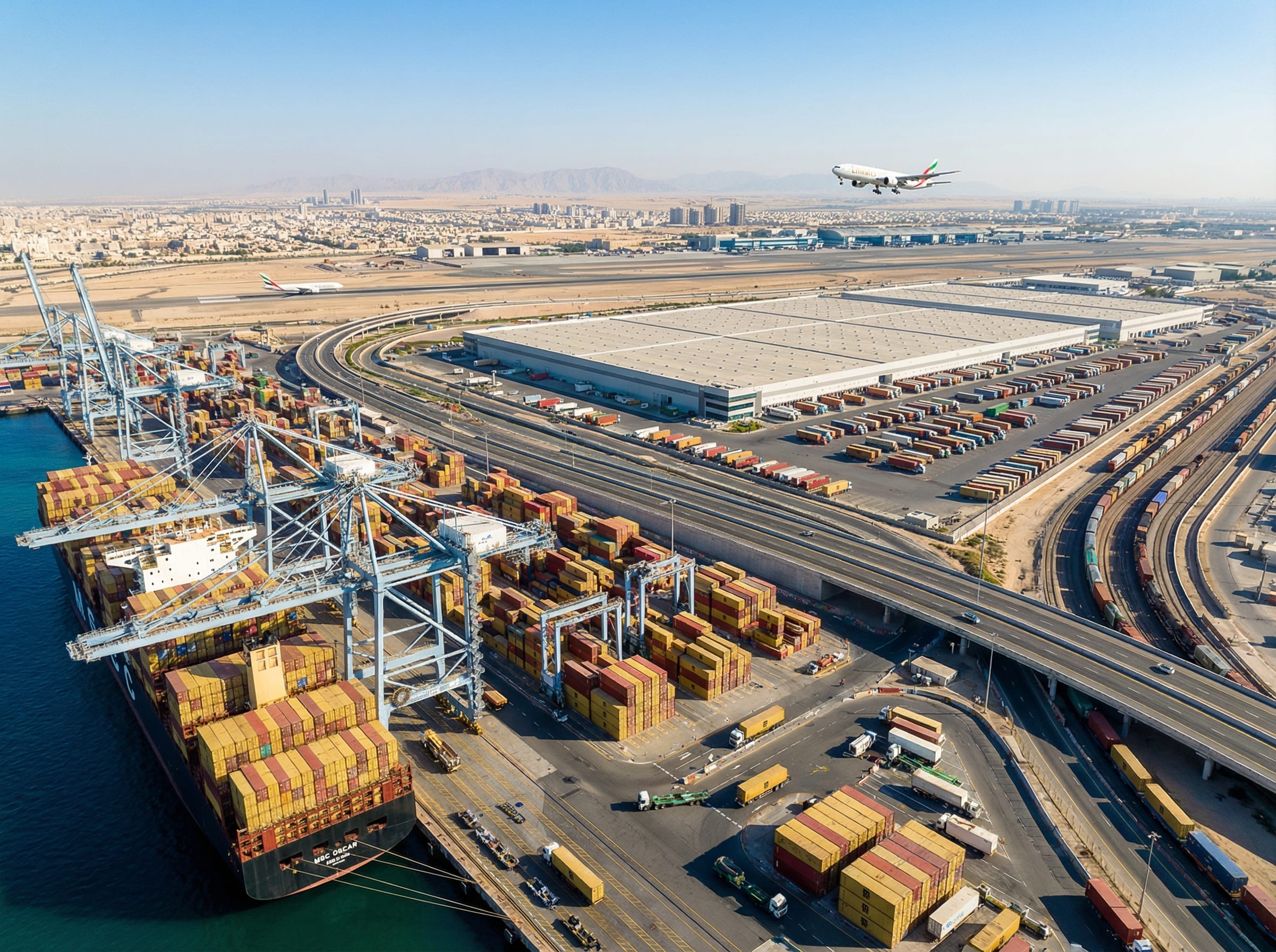 Aerial view of a multi-modal logistics hub with container ships, cargo aircraft, and warehouse facilities