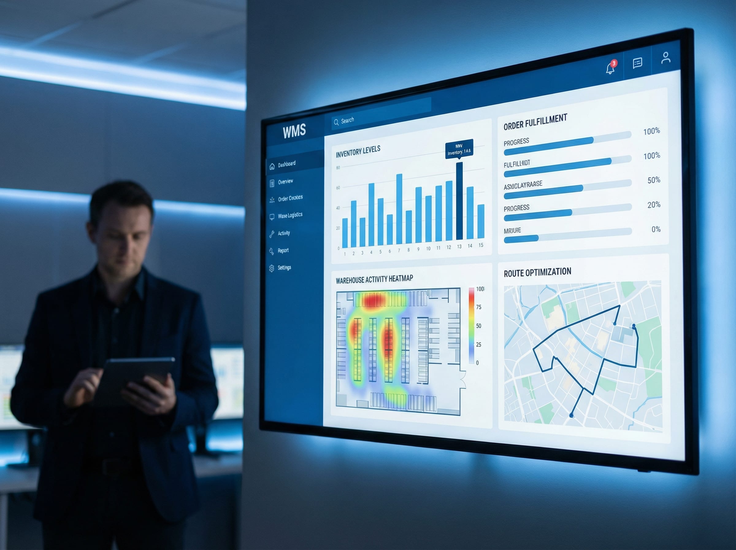 Modern warehouse management system dashboard showing real-time inventory levels and route optimization