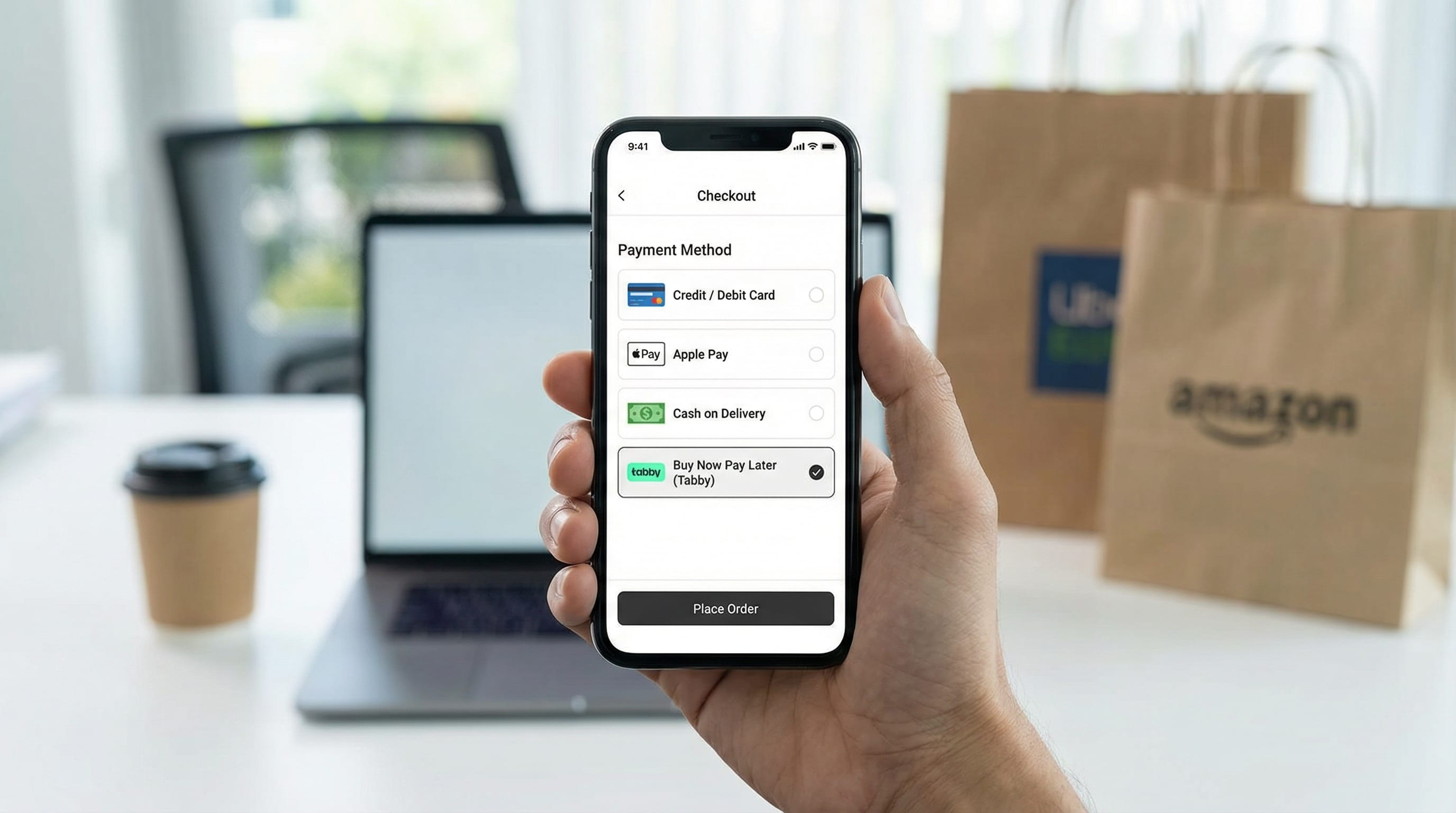 Phone screen showing payment options at e-commerce checkout including COD, card, and digital wallet