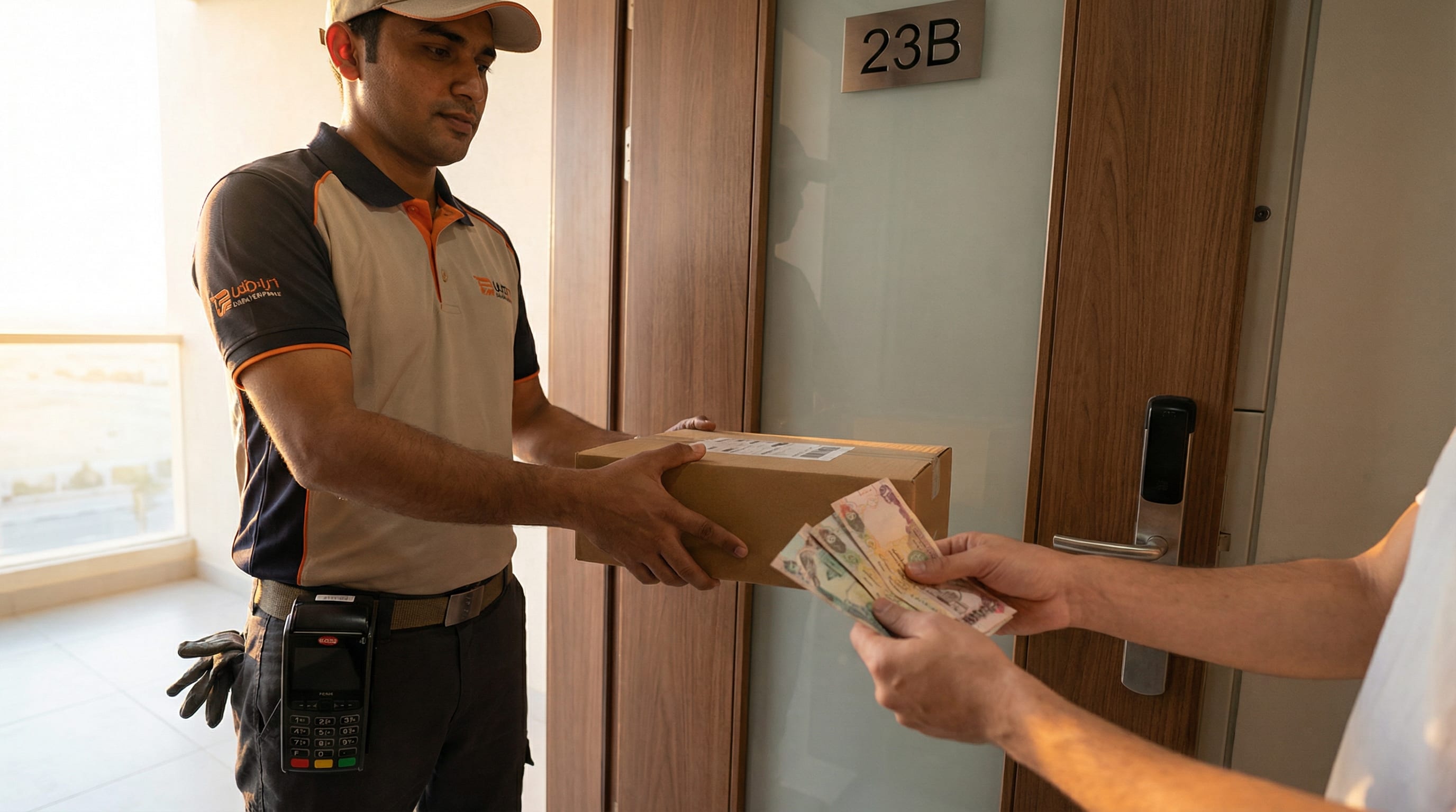 Courier handing package to customer paying cash -- cash on delivery in the UAE