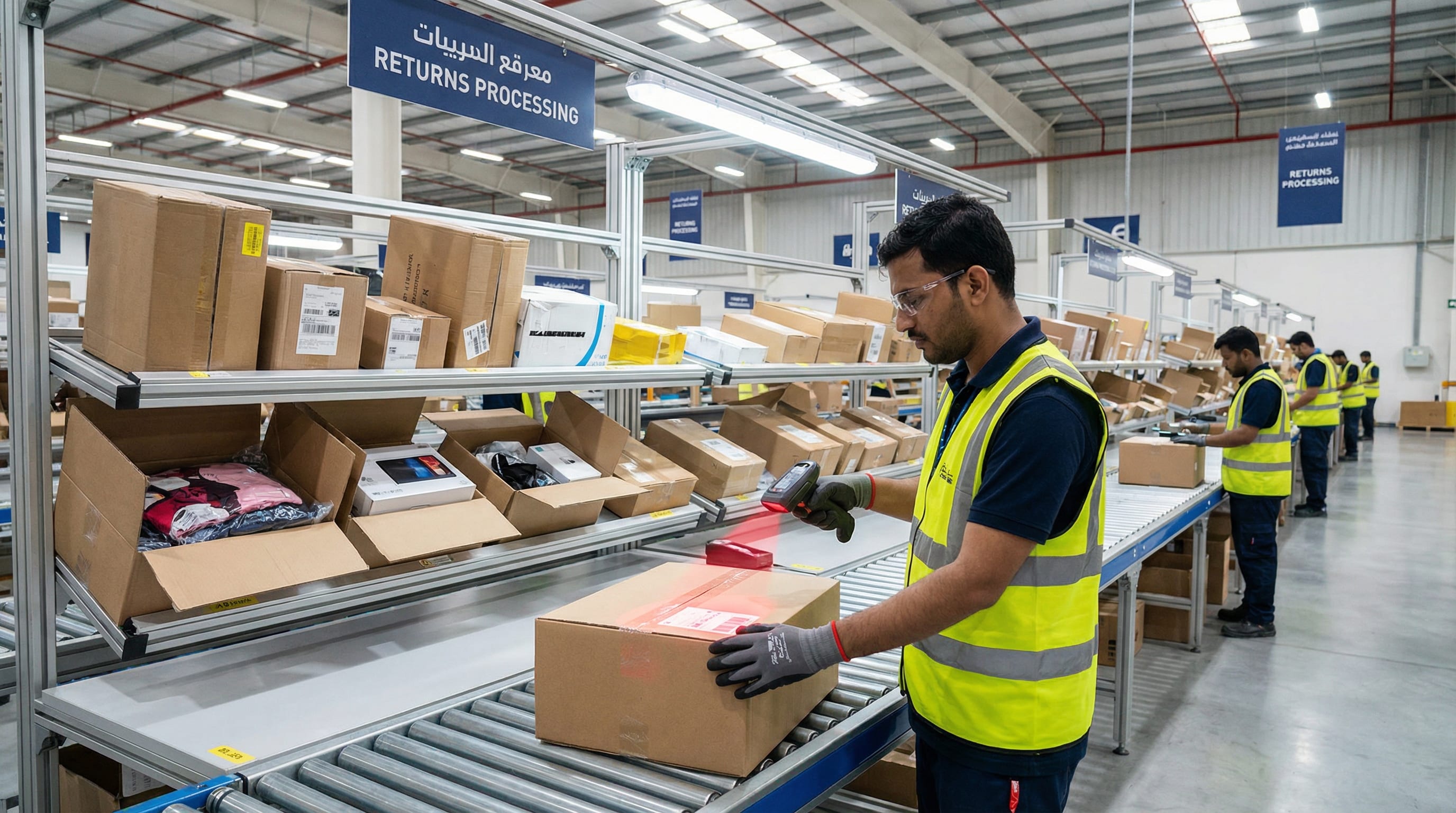 Returns processing warehouse in UAE sorting COD refusals and failed deliveries