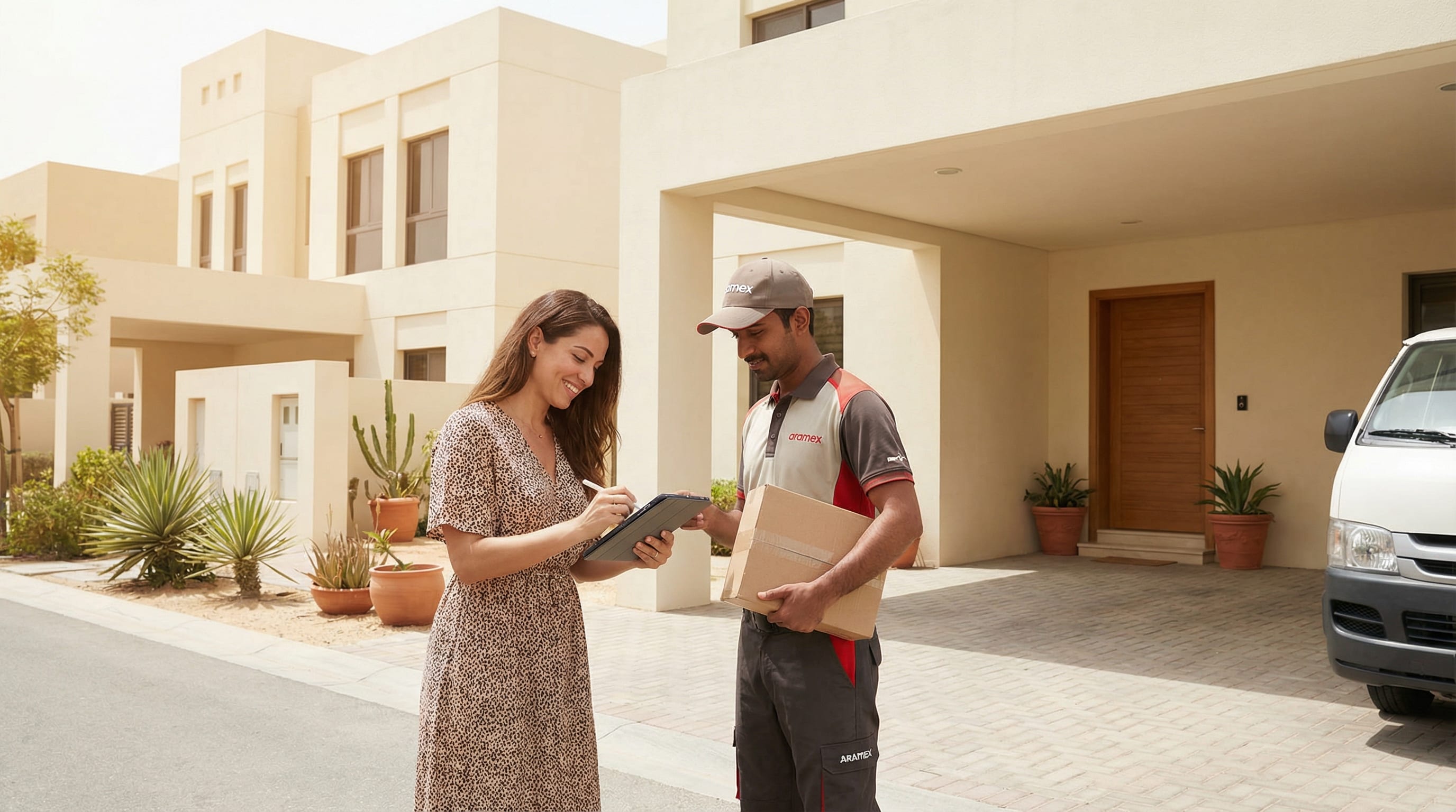 Courier making a doorstep delivery handover to a customer in Fujairah