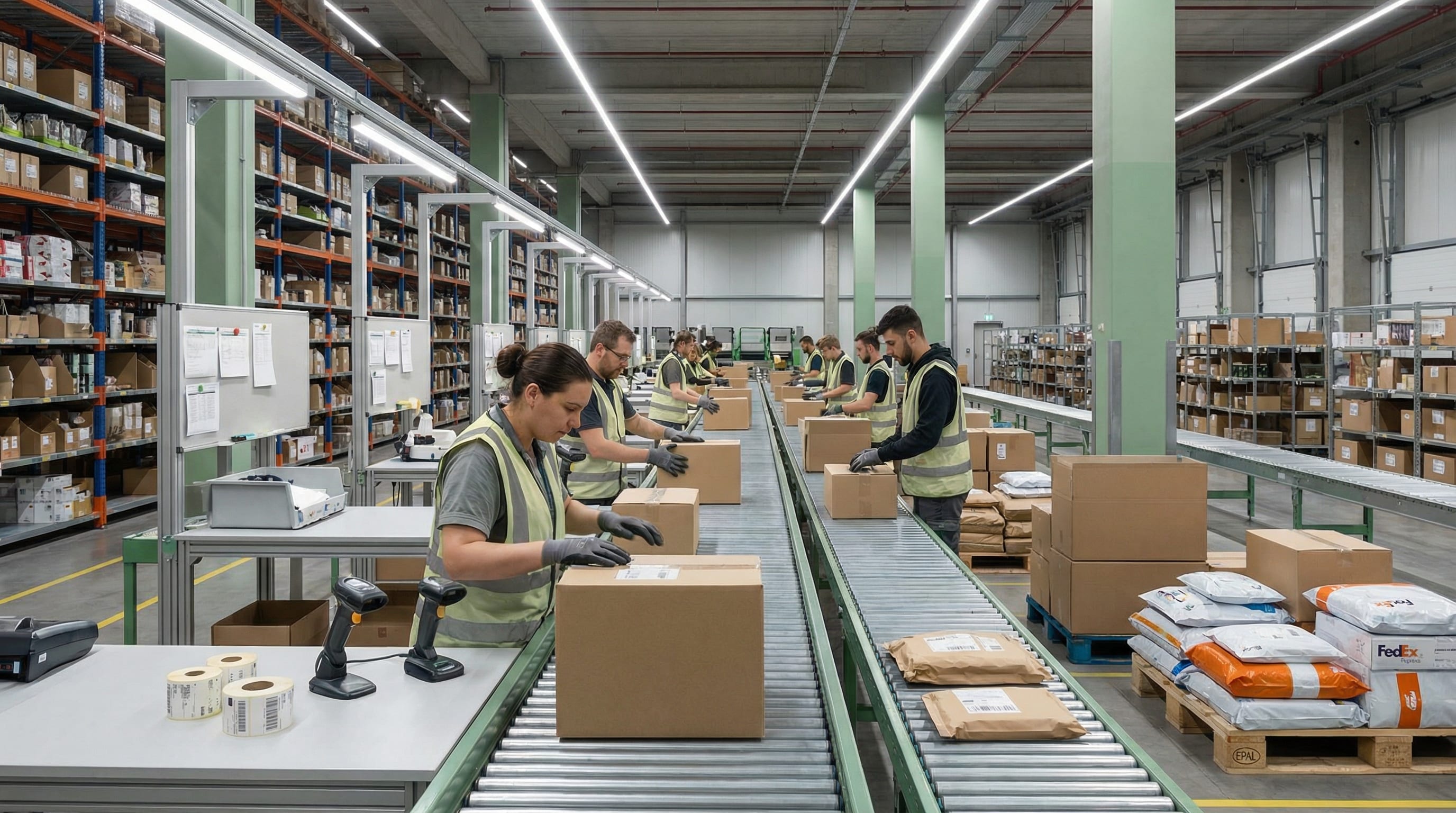 E-commerce fulfillment center with staff picking and packing orders for Fujairah delivery