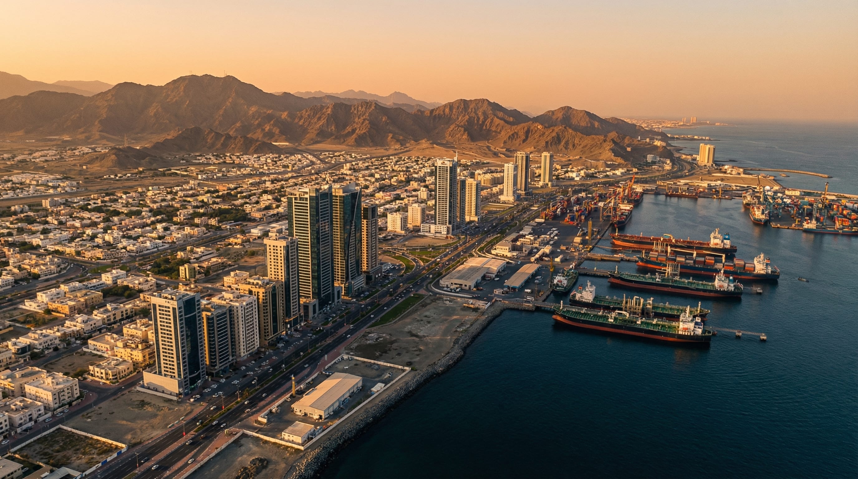 Aerial view of Fujairah city with port and Hajar Mountains in the background