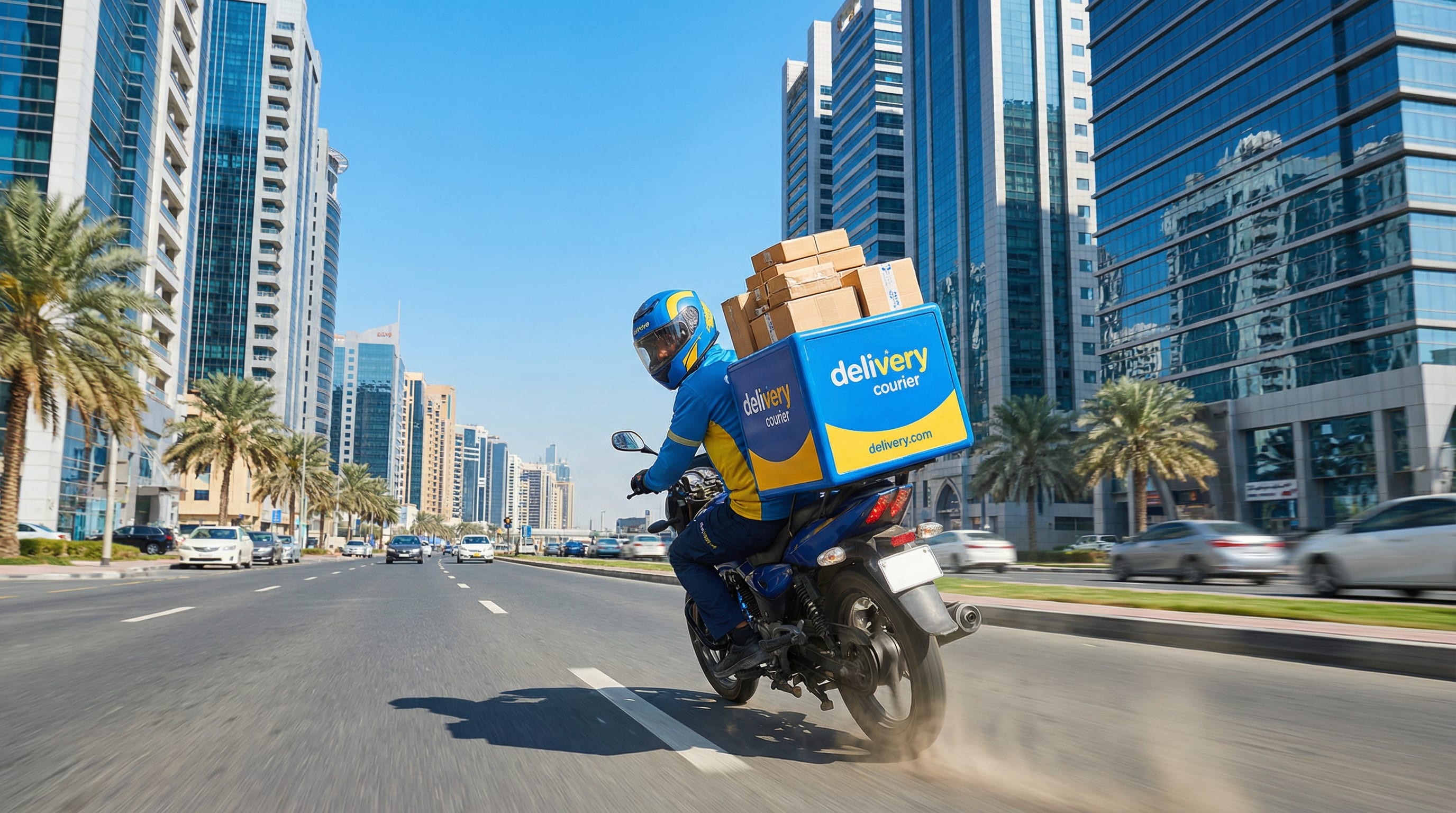 Delivery courier on motorcycle making a same-day delivery in Fujairah