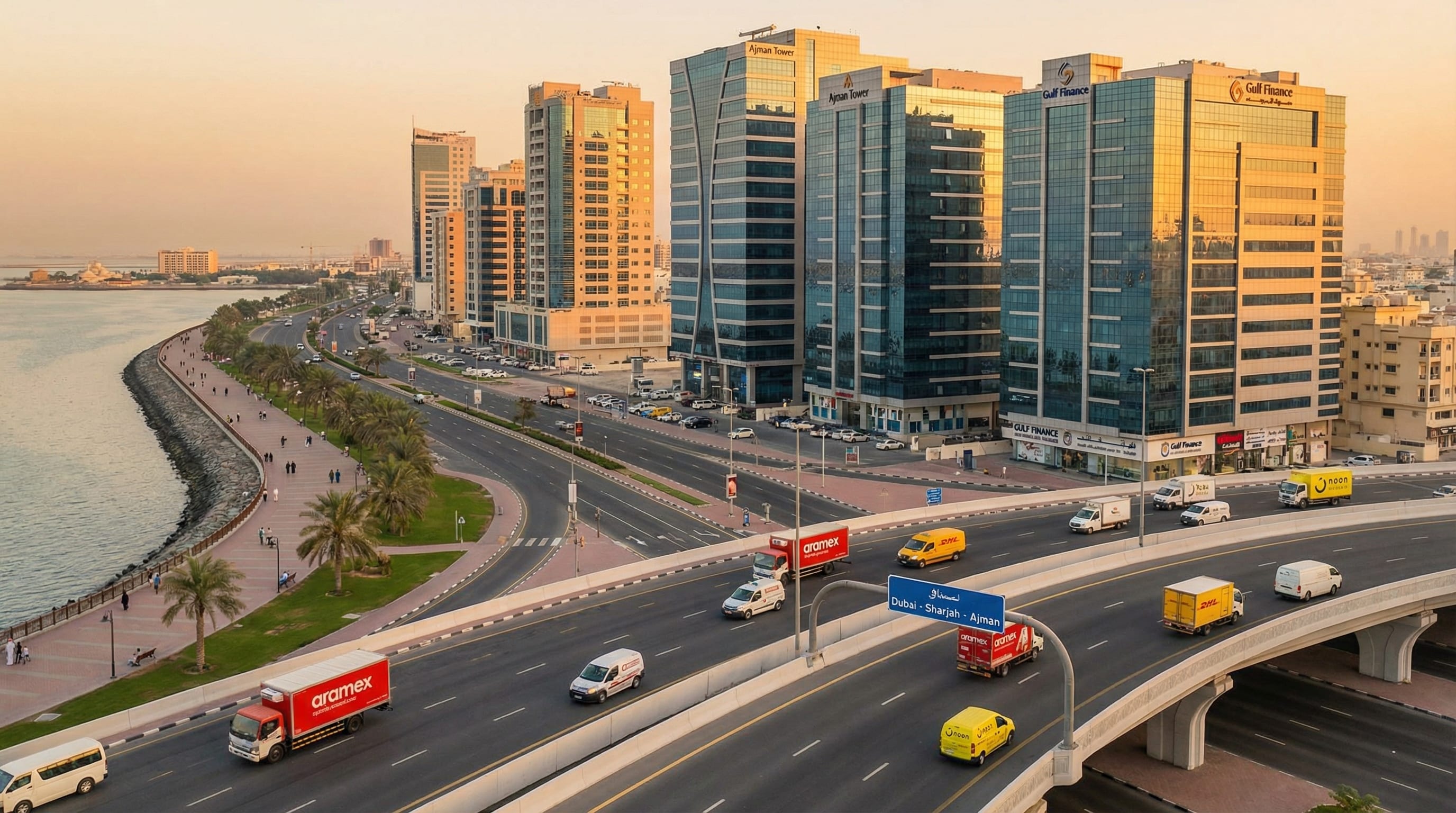 Panoramic view of Ajman with the E11 highway connecting to Sharjah and Dubai