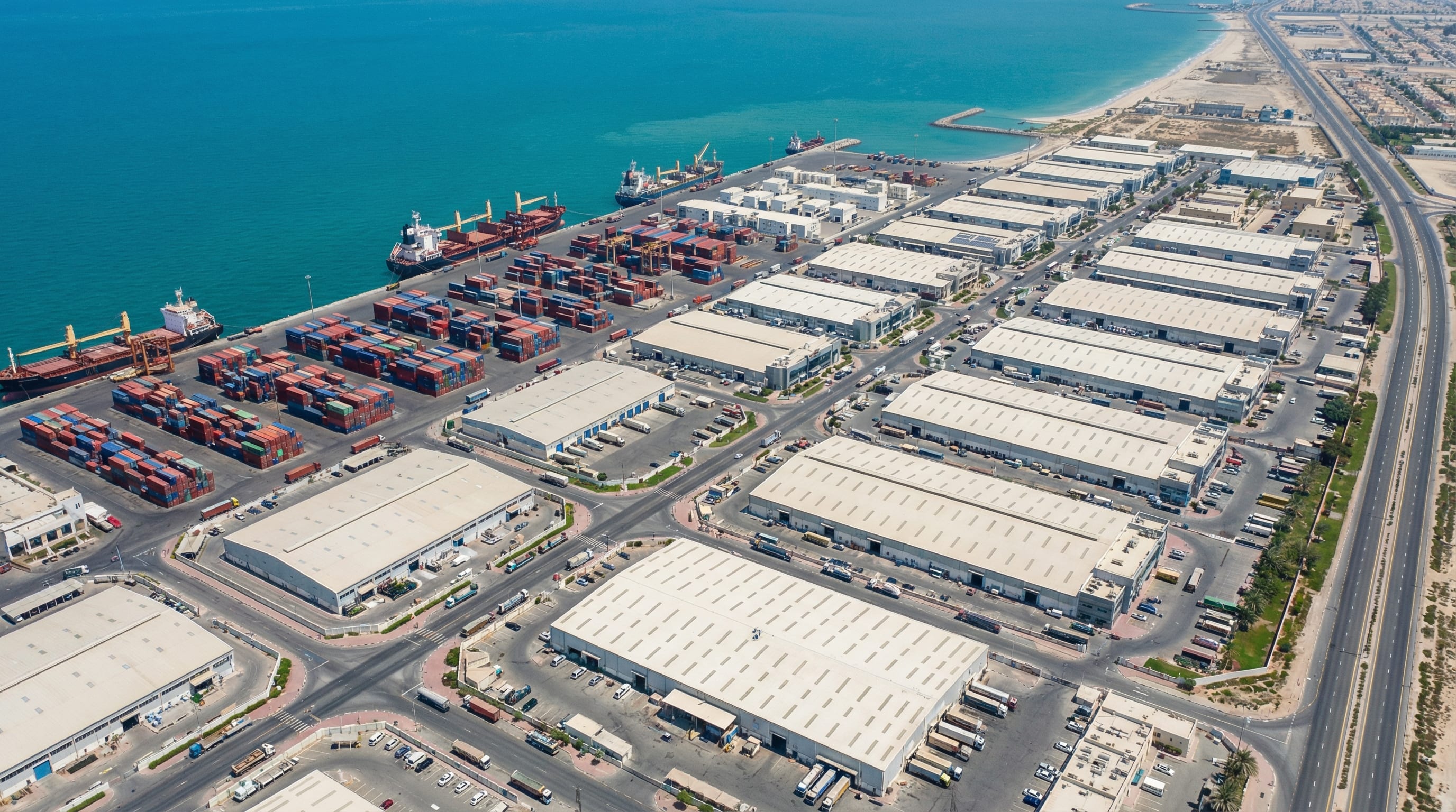 Ajman Free Zone commercial complex with logistics warehouses and loading docks