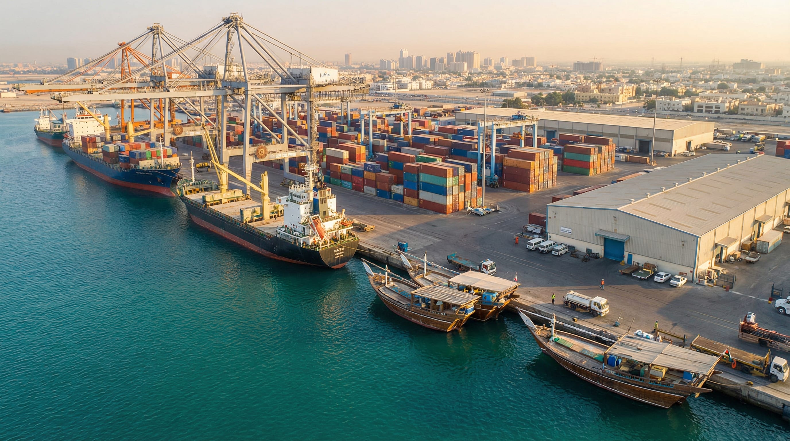 Aerial view of Ajman Port expansion with container cranes and logistics infrastructure