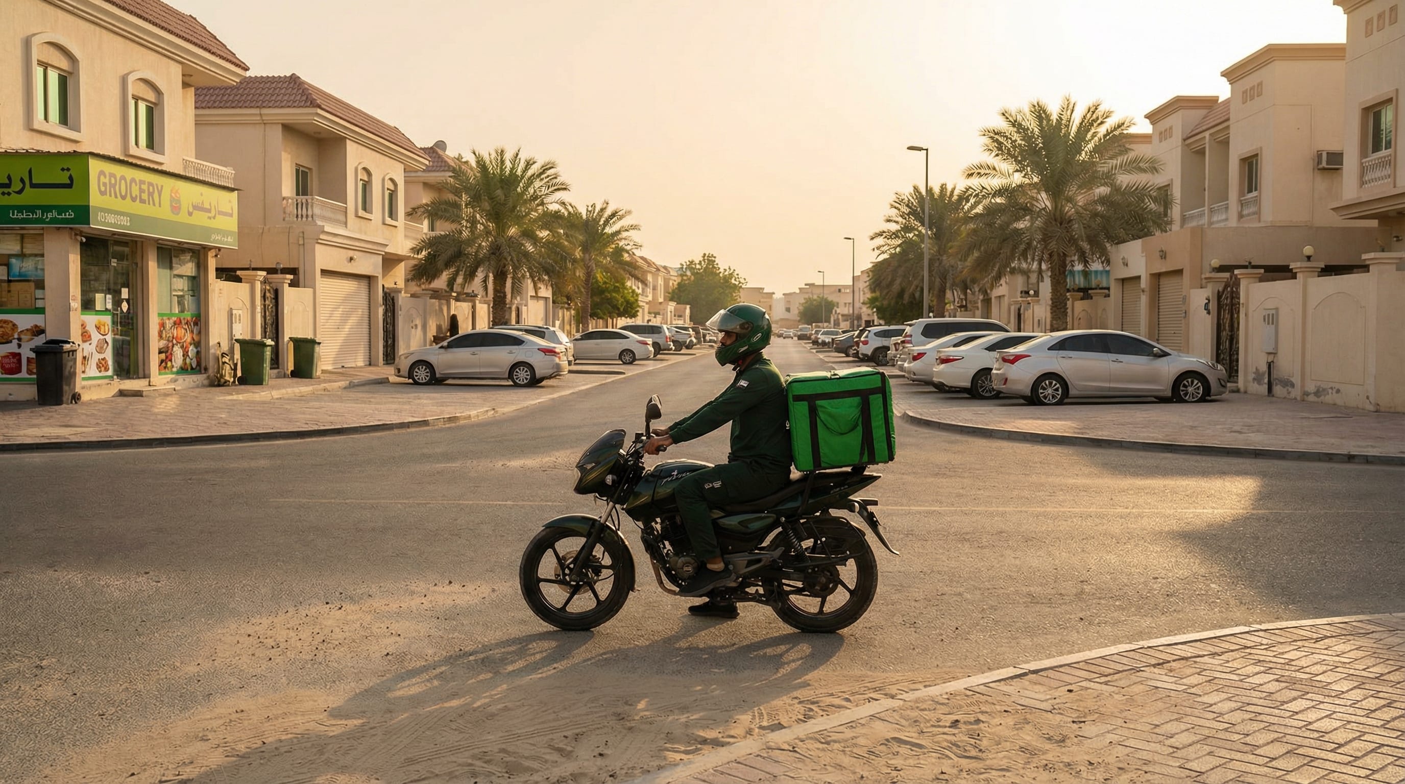 Food delivery rider on motorcycle in Ajman with insulated delivery bag