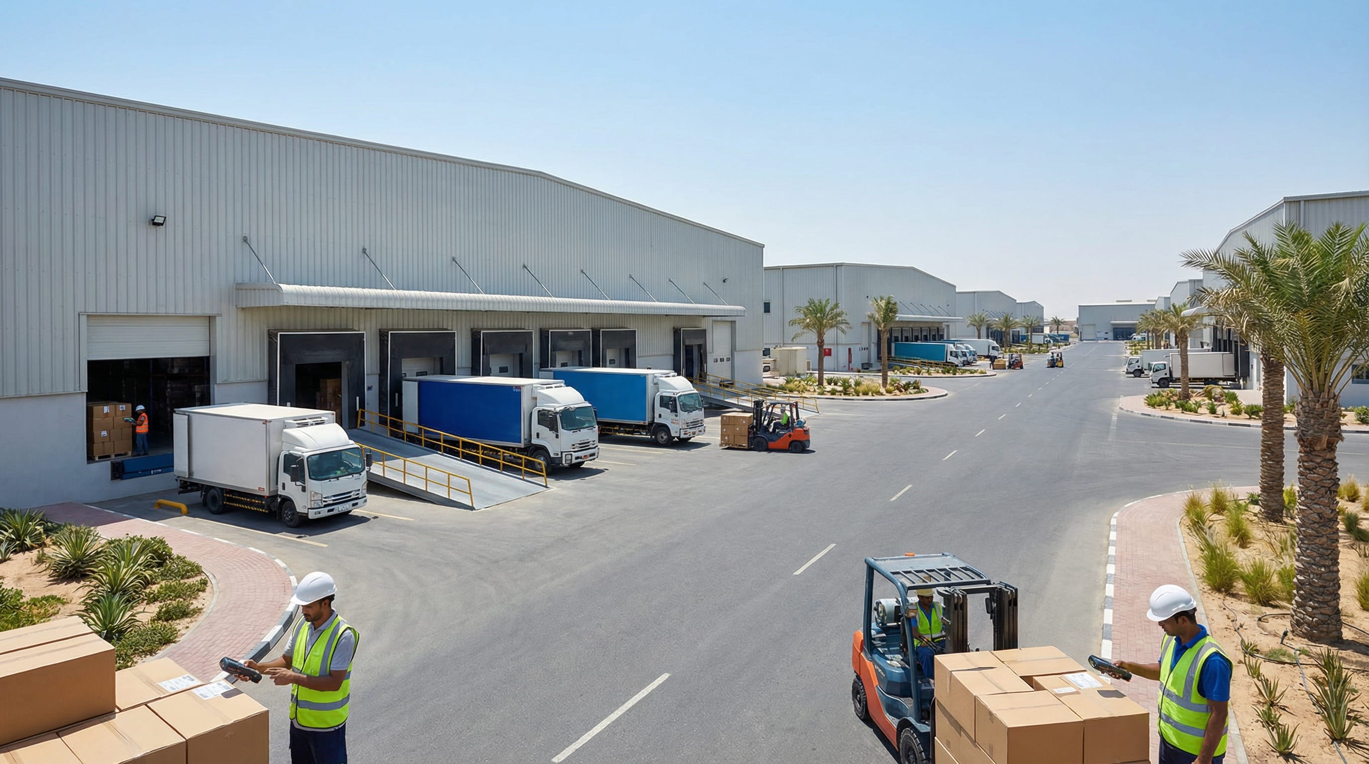 Modern warehouse interior in Ajman Free Zone with shelving and packing stations