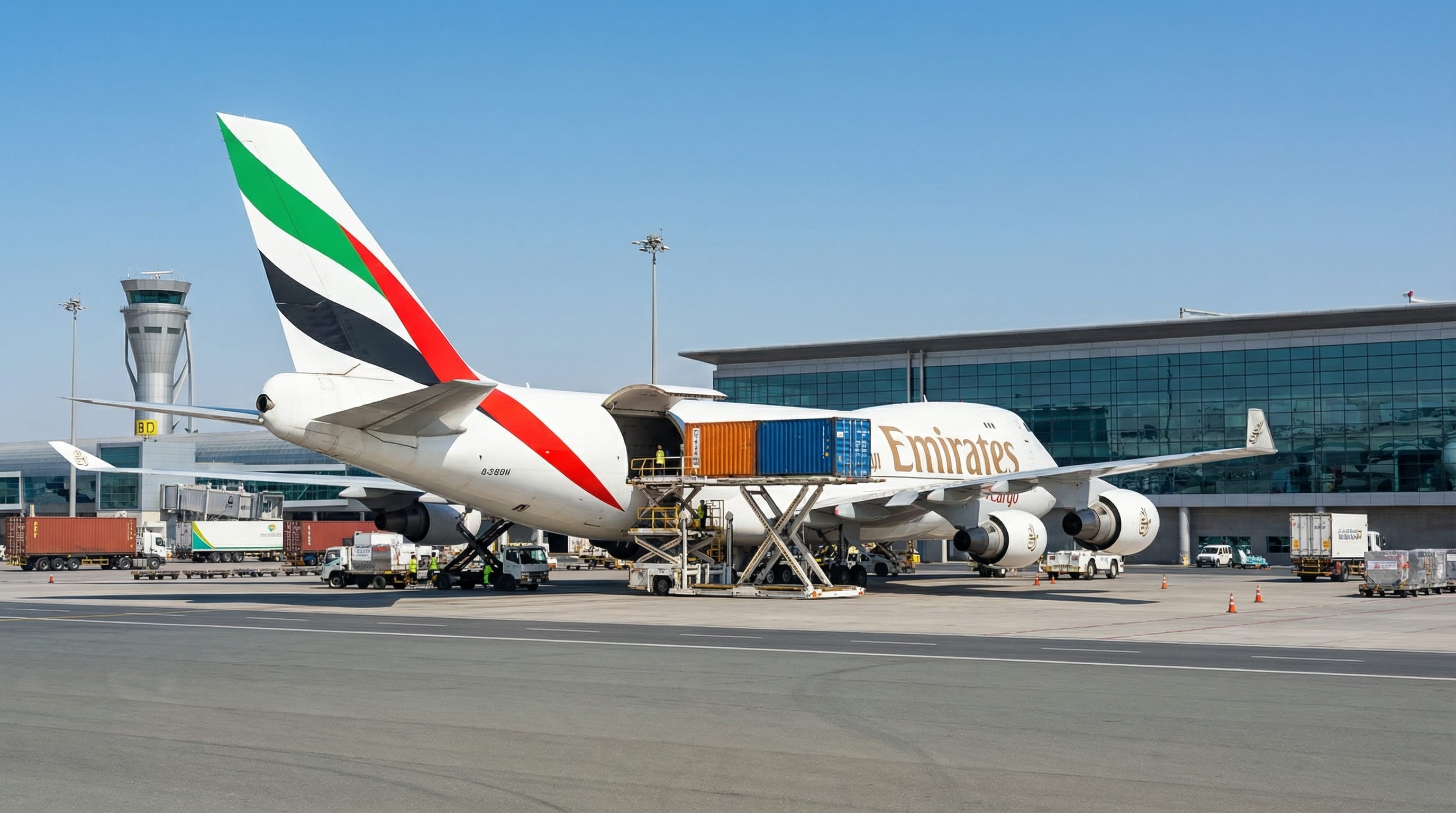Al Maktoum Airport cargo terminal with freight being loaded onto aircraft at DWC