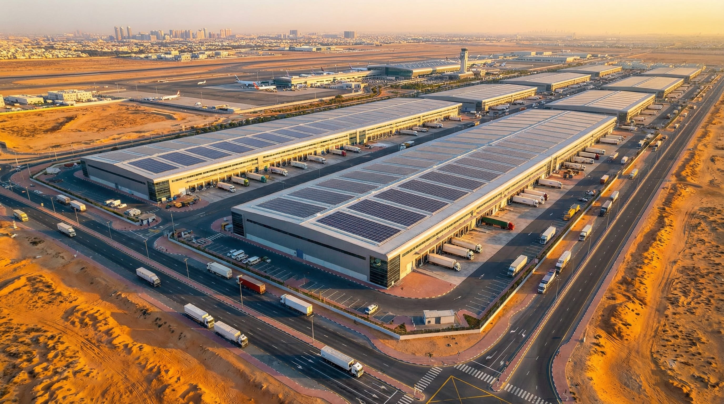 Aerial view of Dubai South logistics district with Al Maktoum Airport cargo facilities