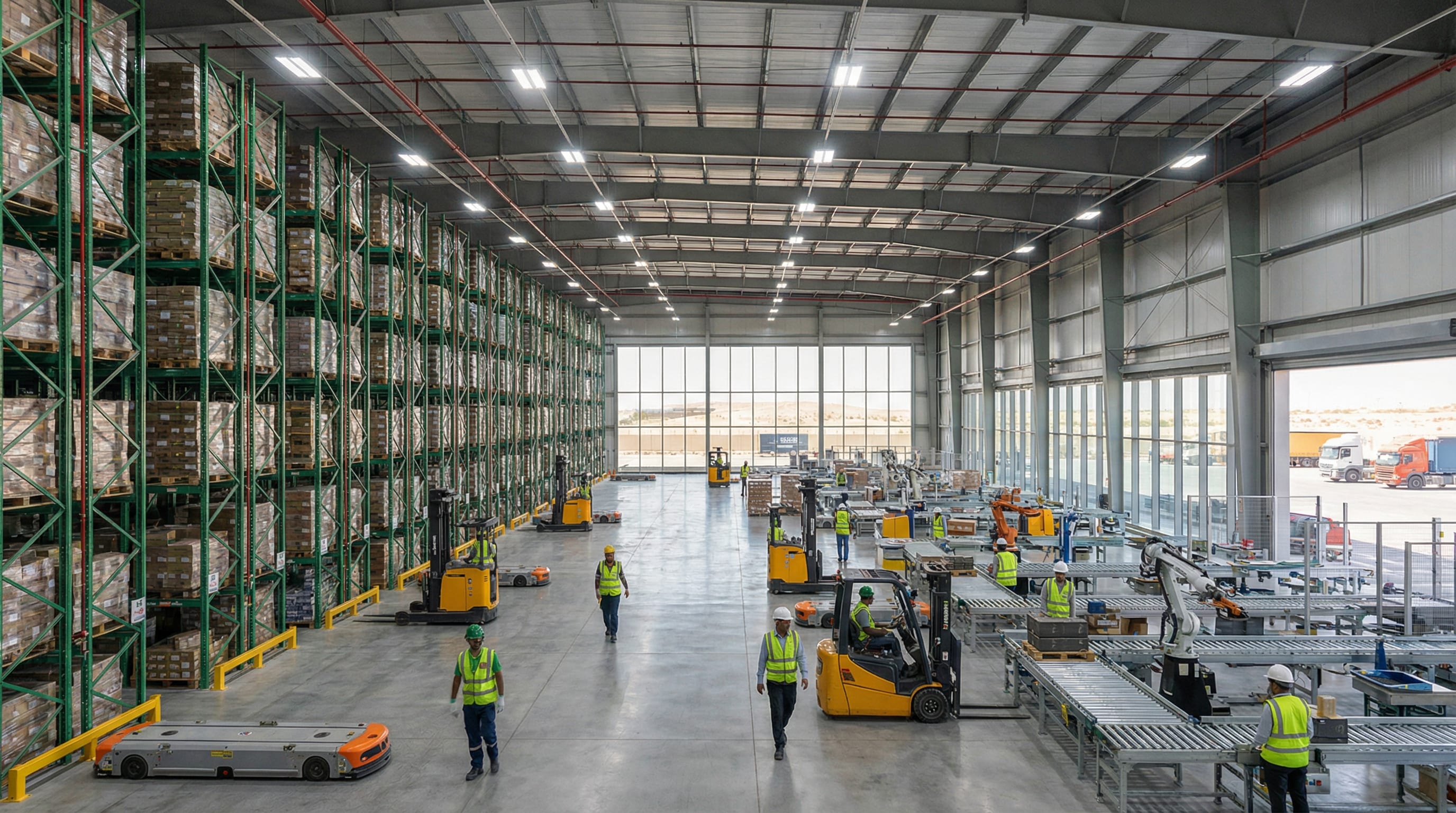 Grade-A warehouse interior in Dubai Logistics City showing automated racking systems and high bay storage