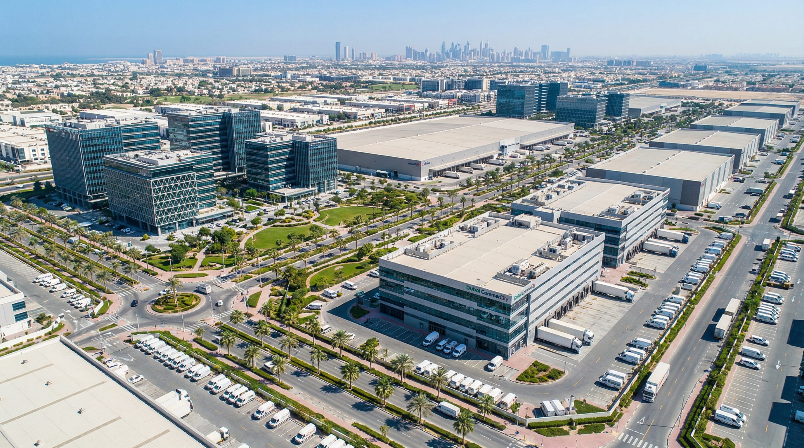Dubai CommerCity free zone aerial view showing logistics and warehousing infrastructure for e-commerce businesses