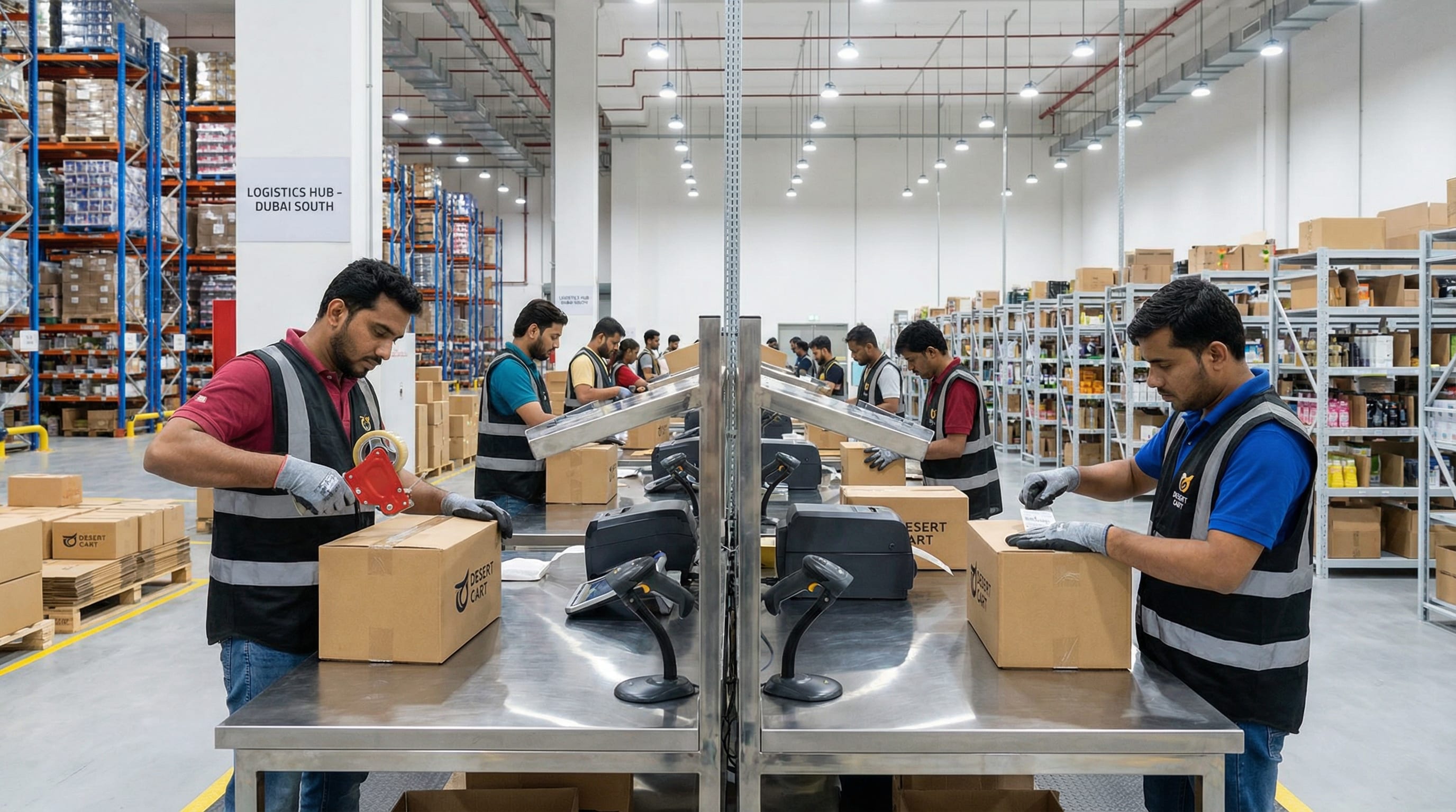 Modern warehouse fulfillment center in Dubai with automated sorting and packaging systems