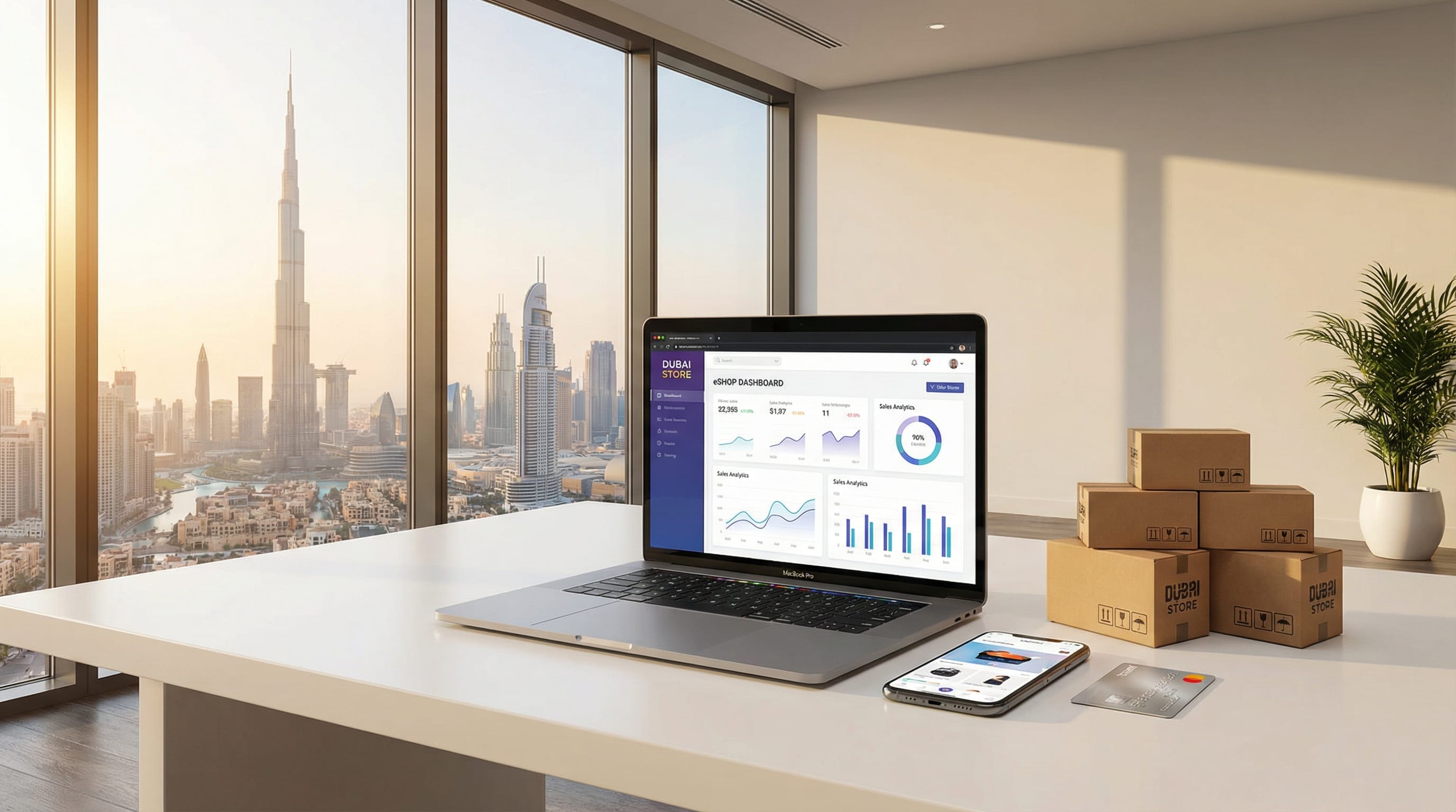 Dubai skyline with digital commerce overlay representing e-commerce solutions in the UAE