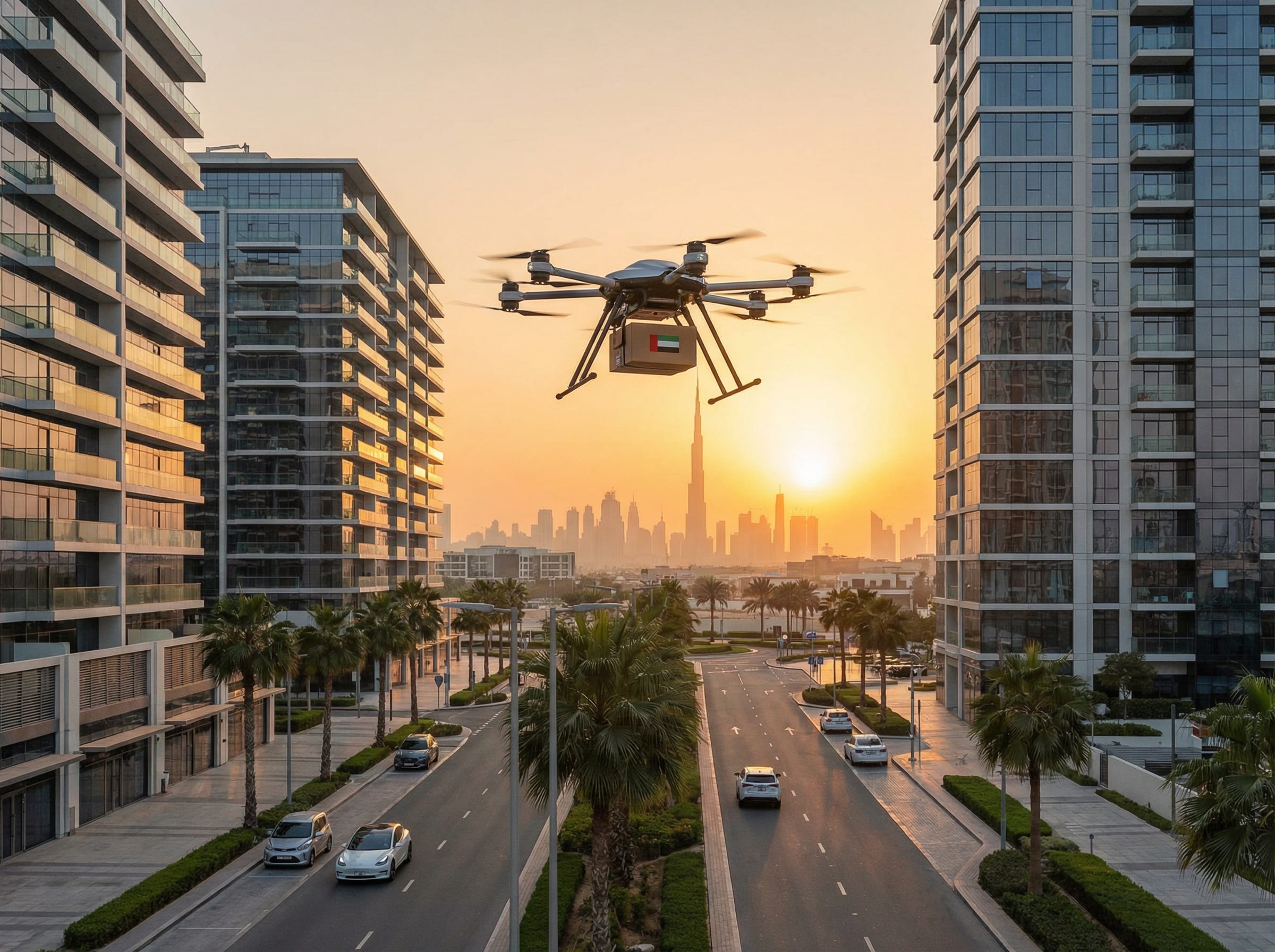 Drone delivery over a UAE cityscape at sunset