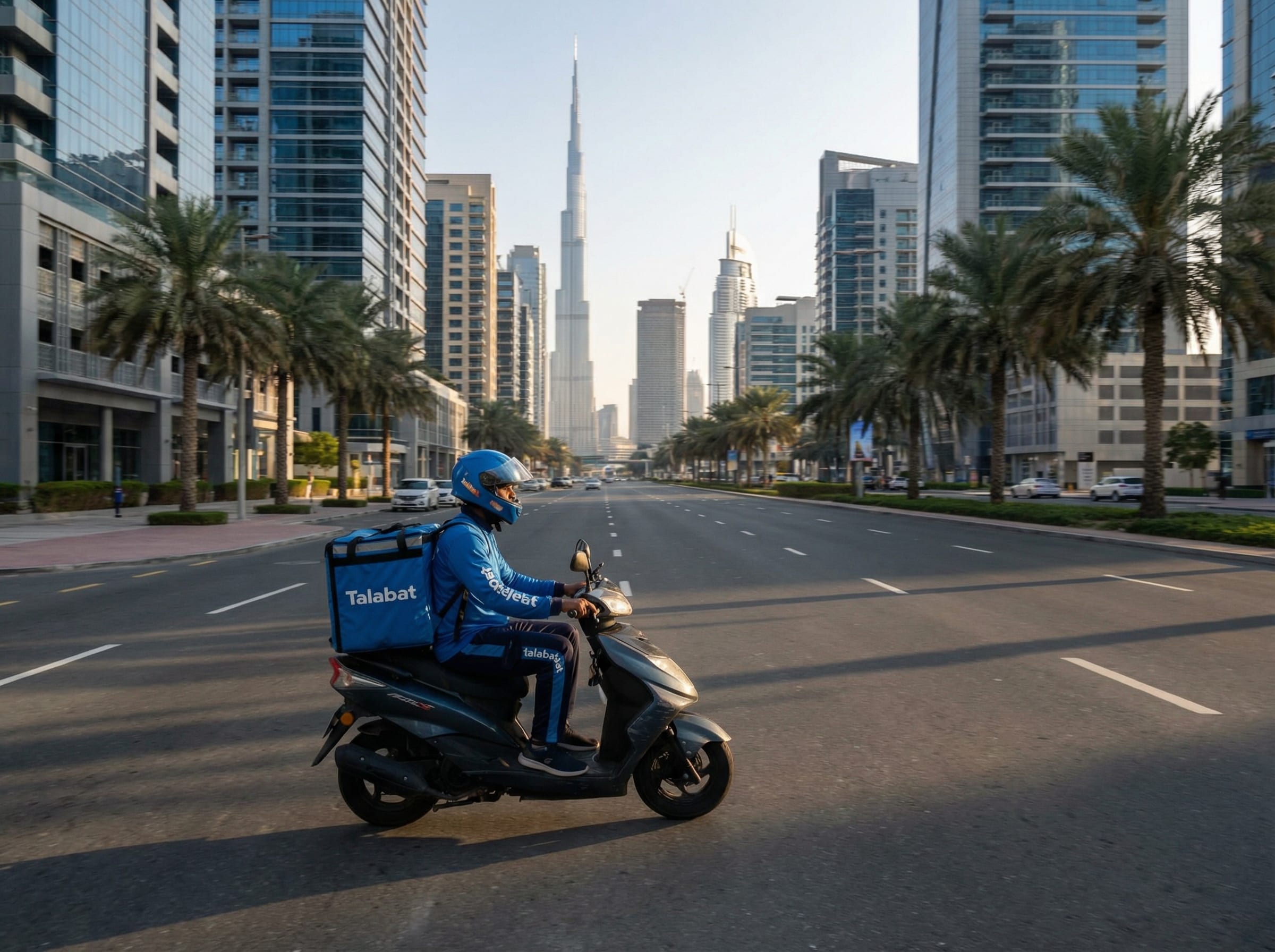 Delivery rider on a motorcycle navigating a Dubai street with the Burj Khalifa visible in the background