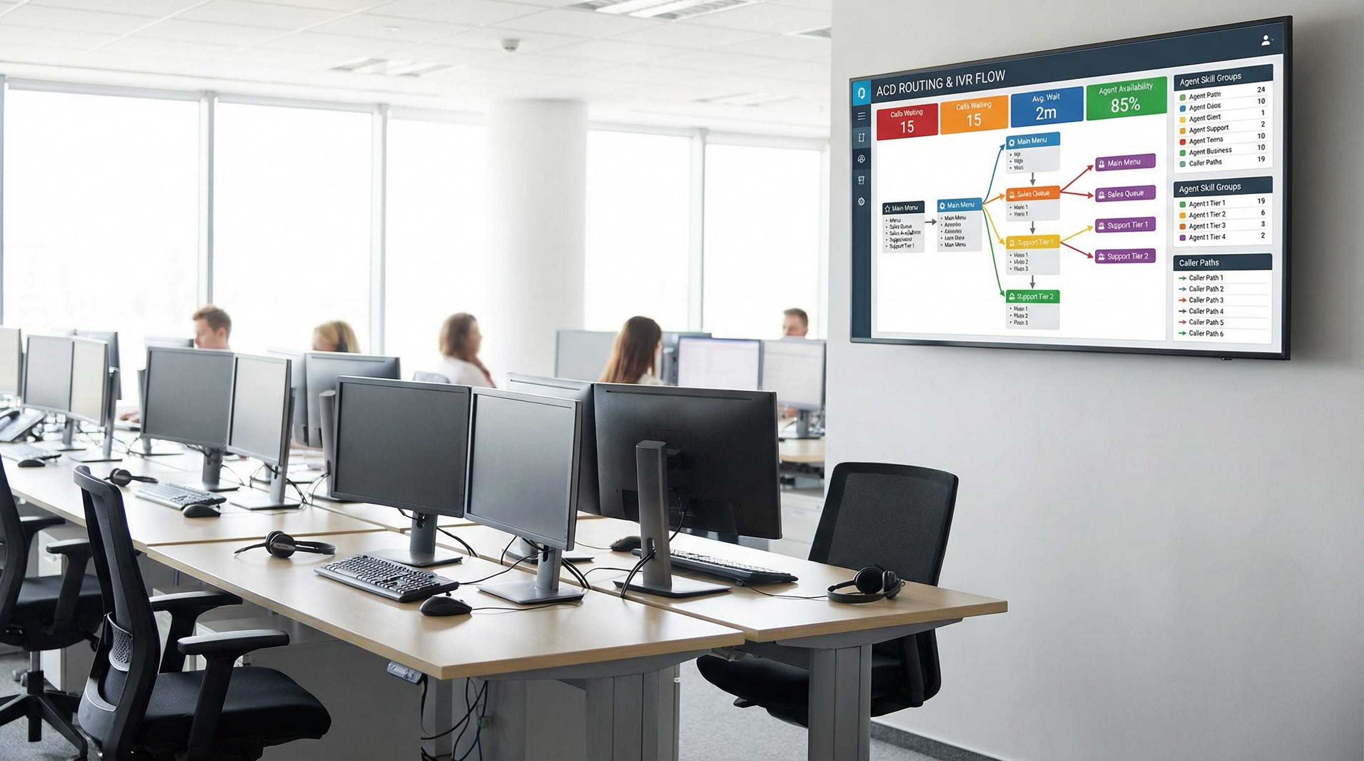 ACD routing and IVR flow dashboard displayed on a large screen in a modern call center