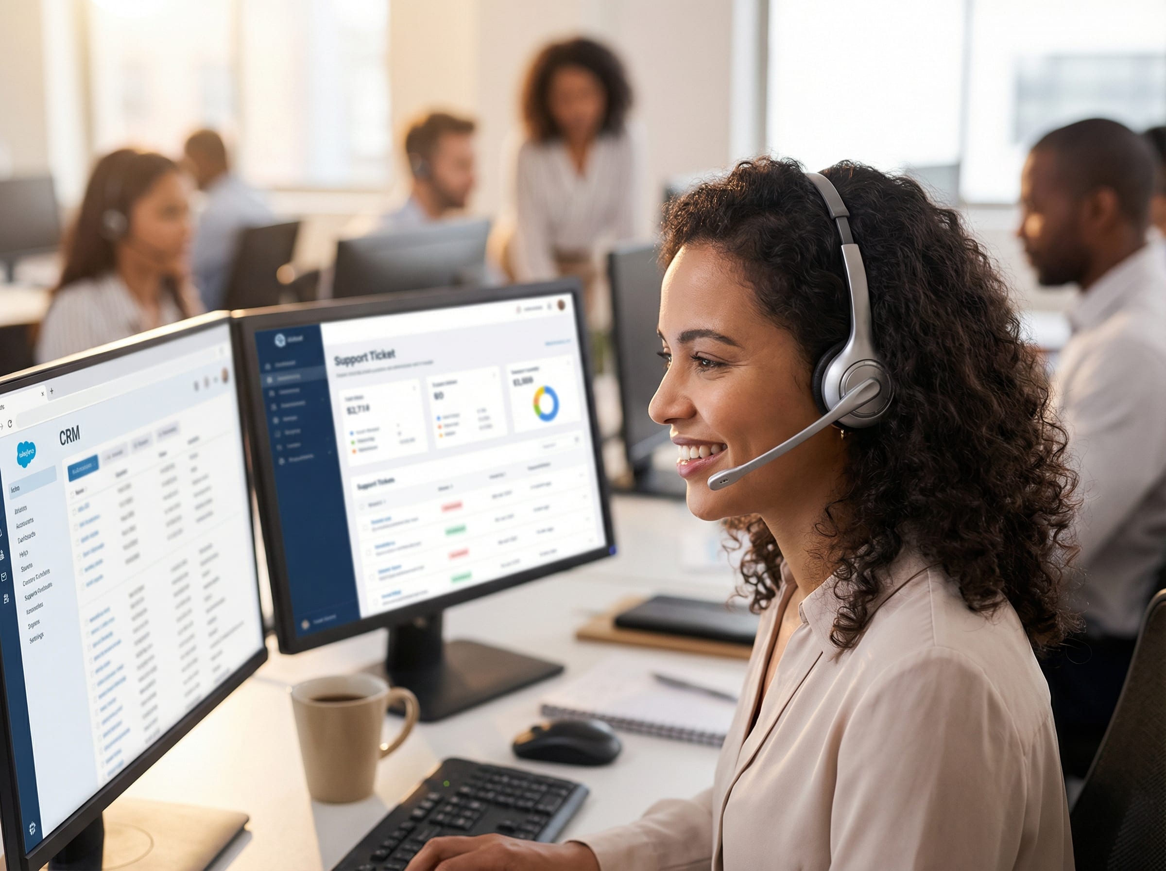 Inbound call center agent using headset and CRM system to assist customers