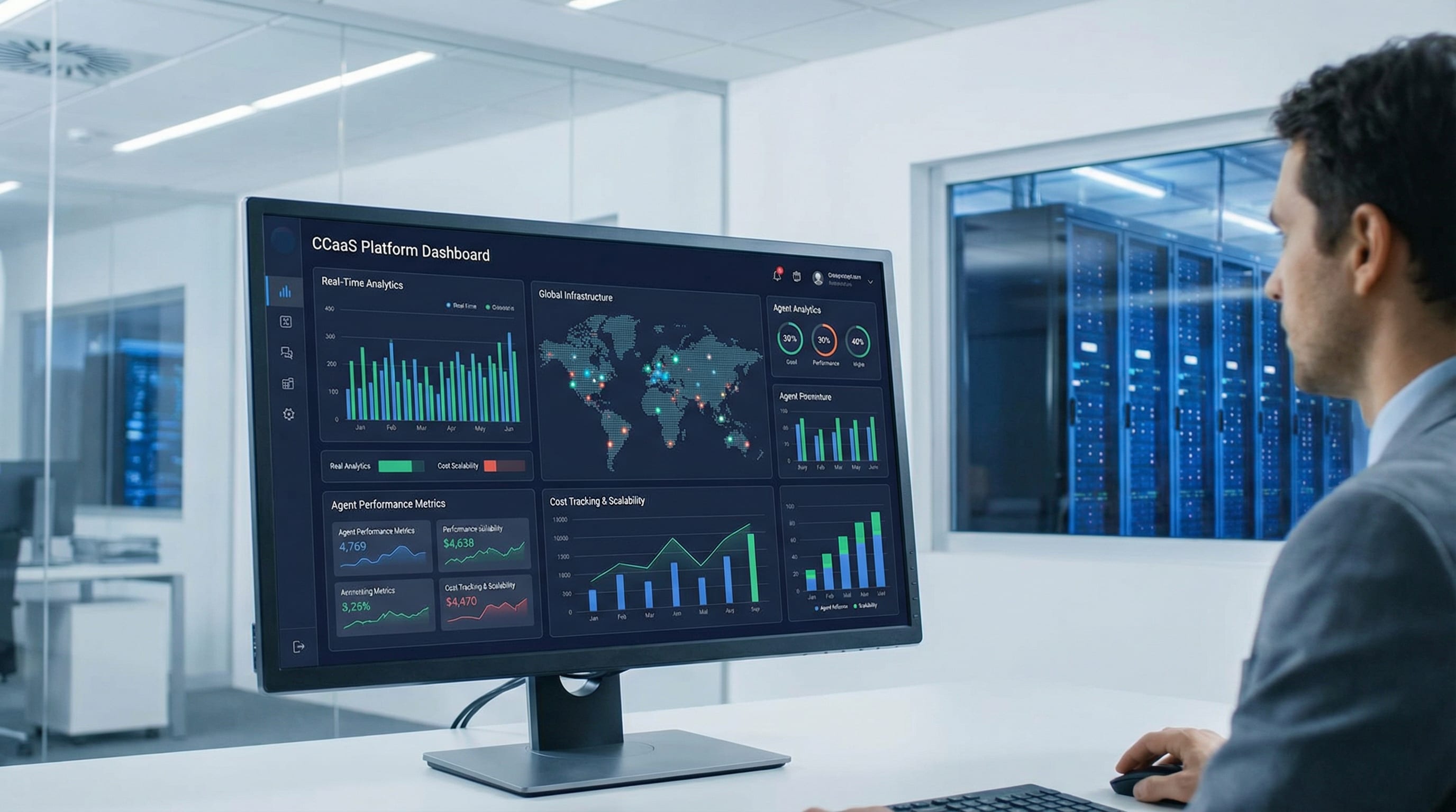Cloud CCaaS platform dashboard with real-time analytics and global infrastructure map in a data center office