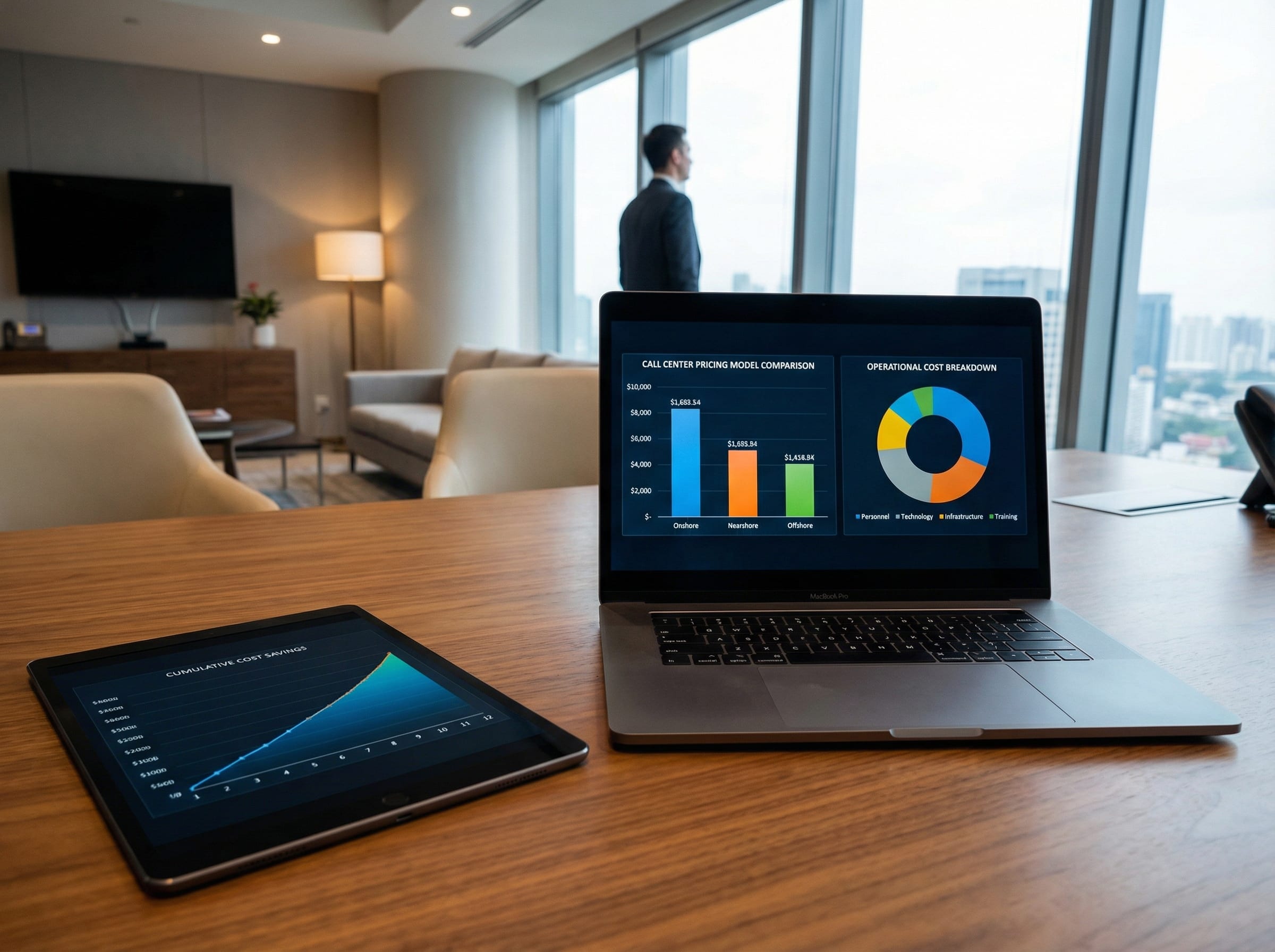 Cost analysis dashboard showing call center pricing breakdowns and ROI projections