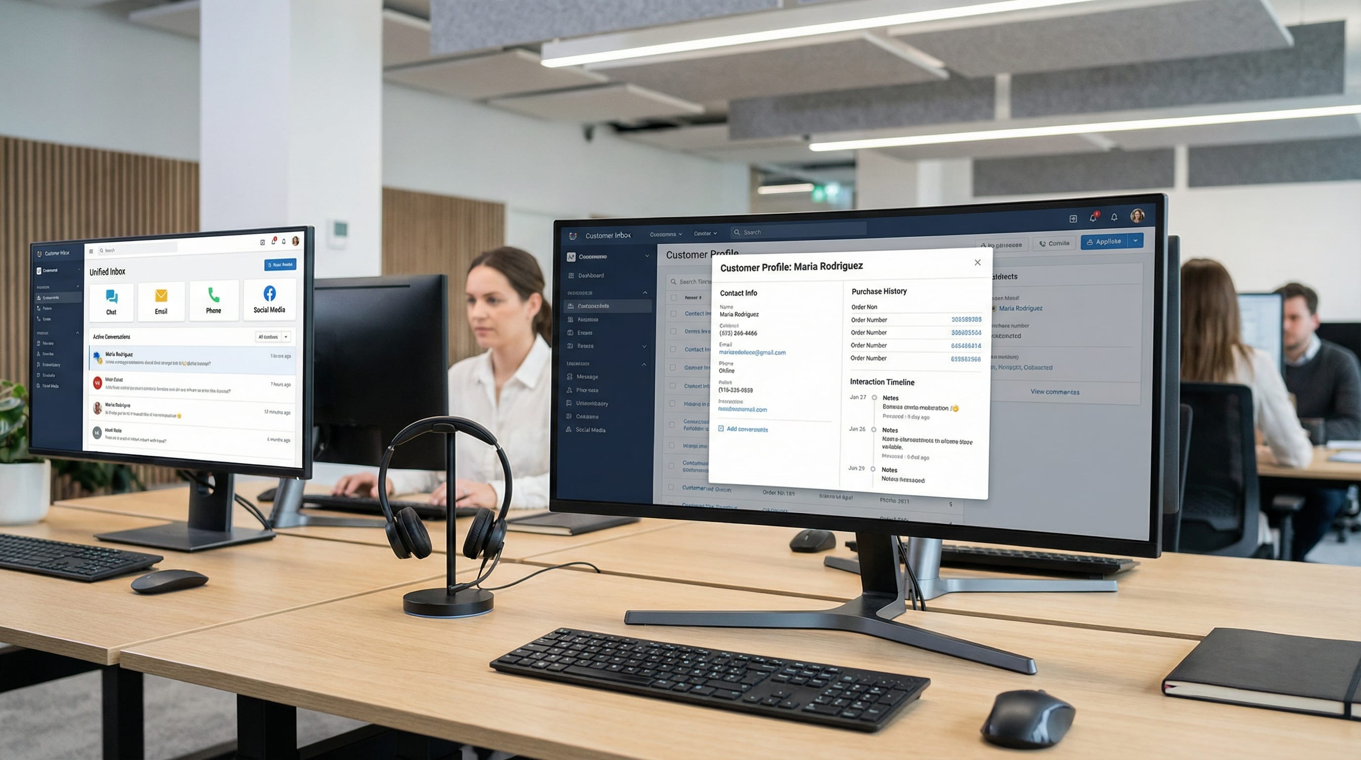 CRM customer profile screen-pop and omnichannel unified inbox on dual monitors at agent workstation