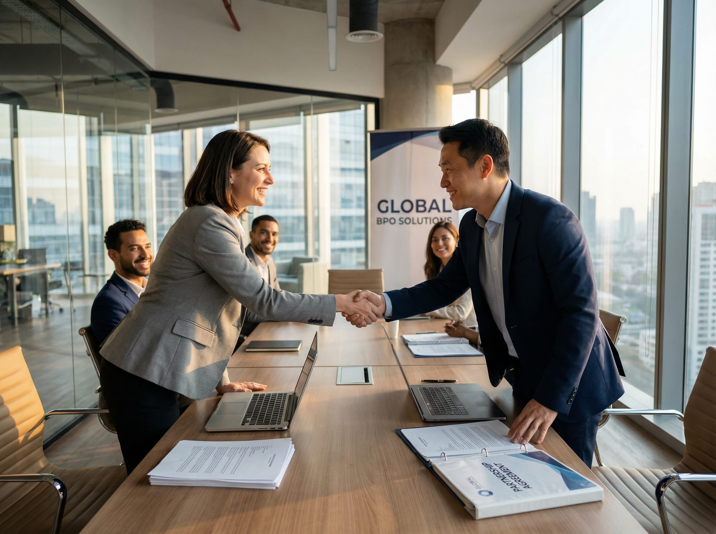 Business professionals reviewing call center partnership agreement and performance metrics