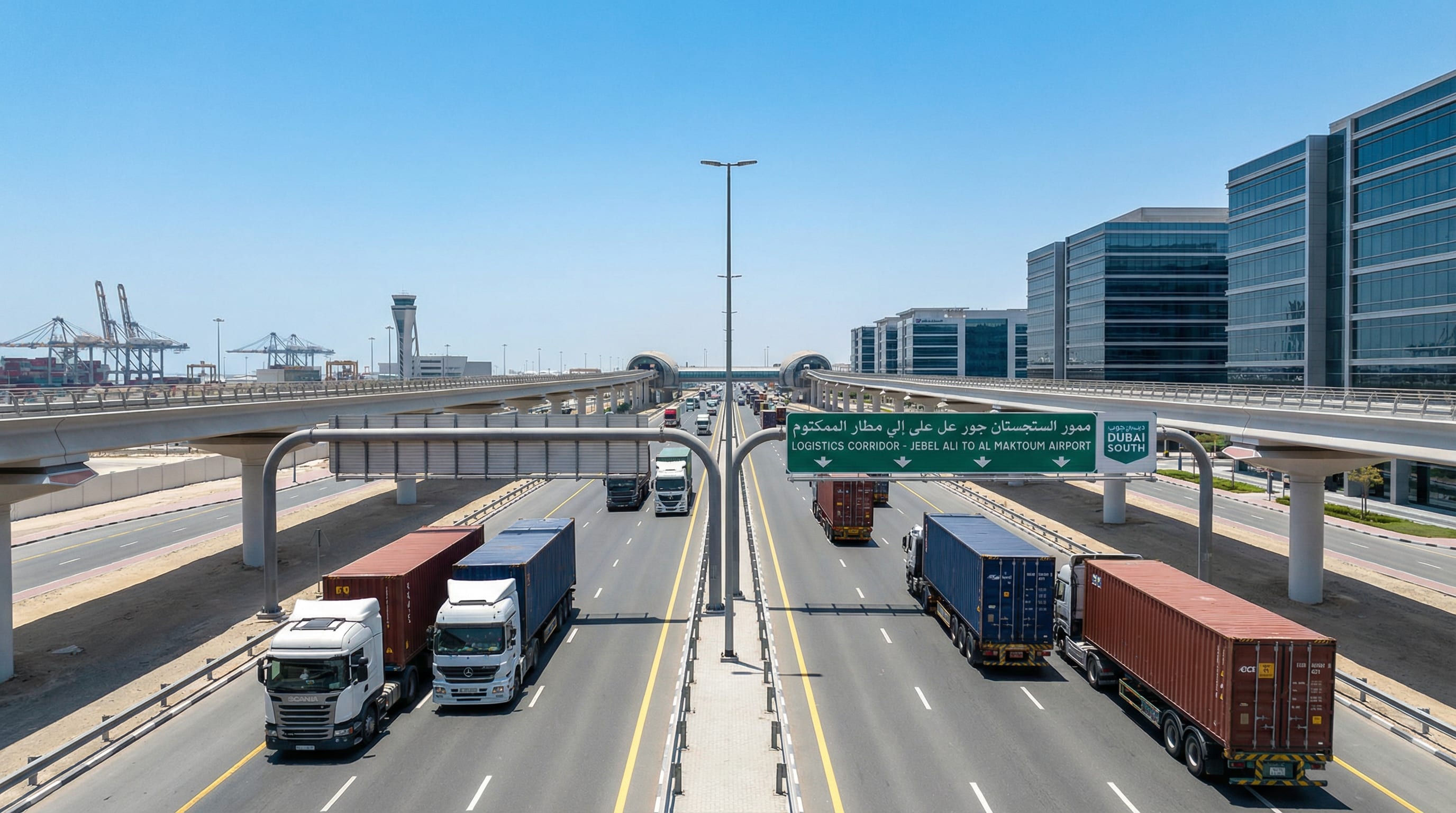 The JAFZA logistics corridor connecting Jebel Ali Port warehouses to the transport network serving Al Maktoum International Airport