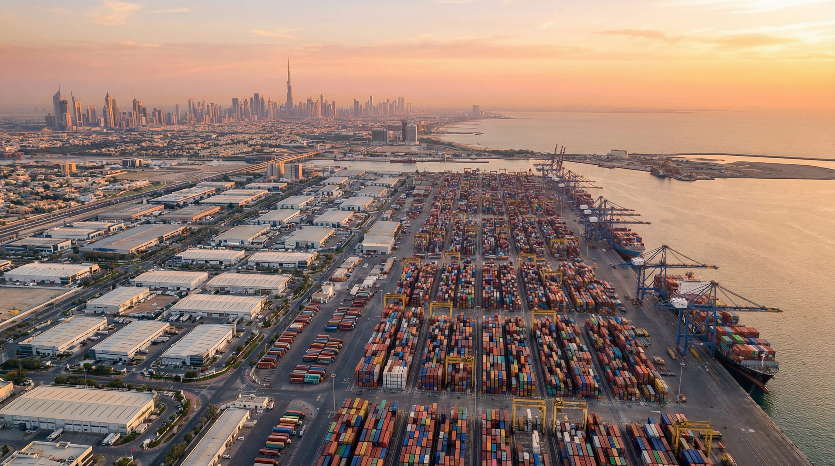 Aerial view of Jebel Ali Free Zone and Jebel Ali Port in Dubai -- the world's largest man-made harbour and global trade hub