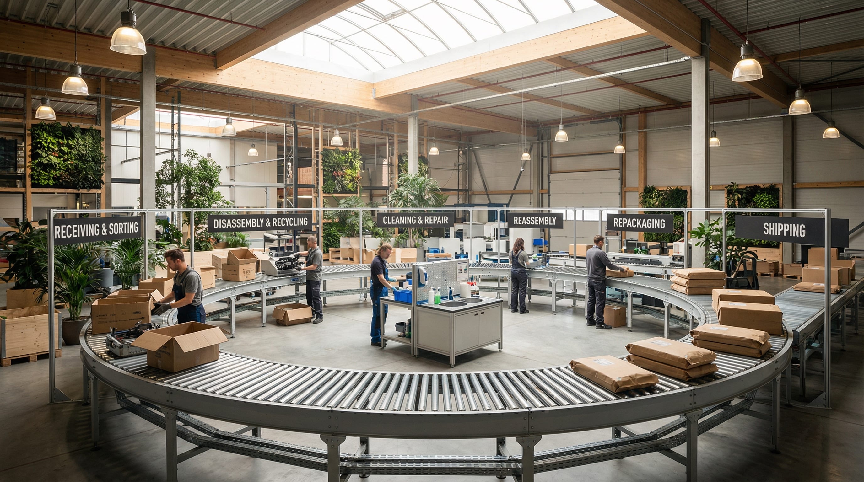 Futuristic circular economy warehouse with sustainable materials and automated systems