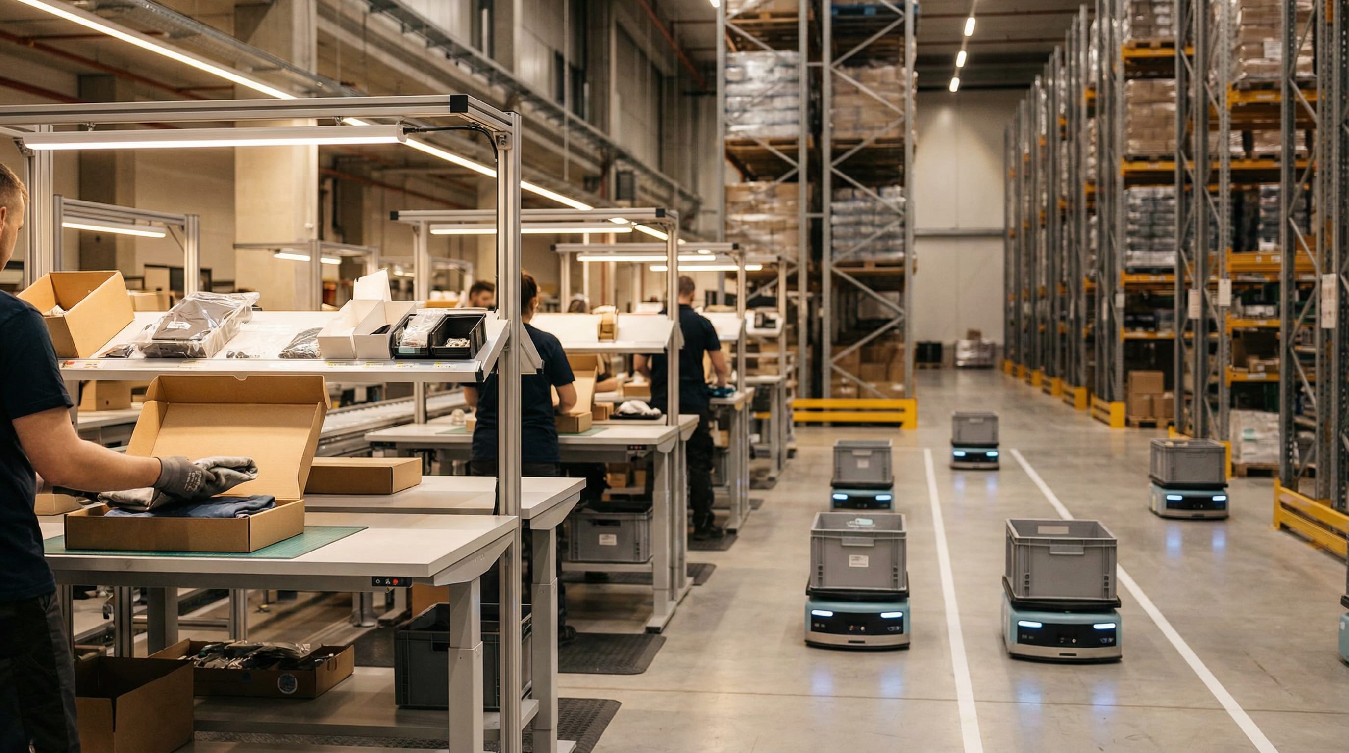Modern 3PL warehouse with kitting stations and autonomous mobile robots processing returns