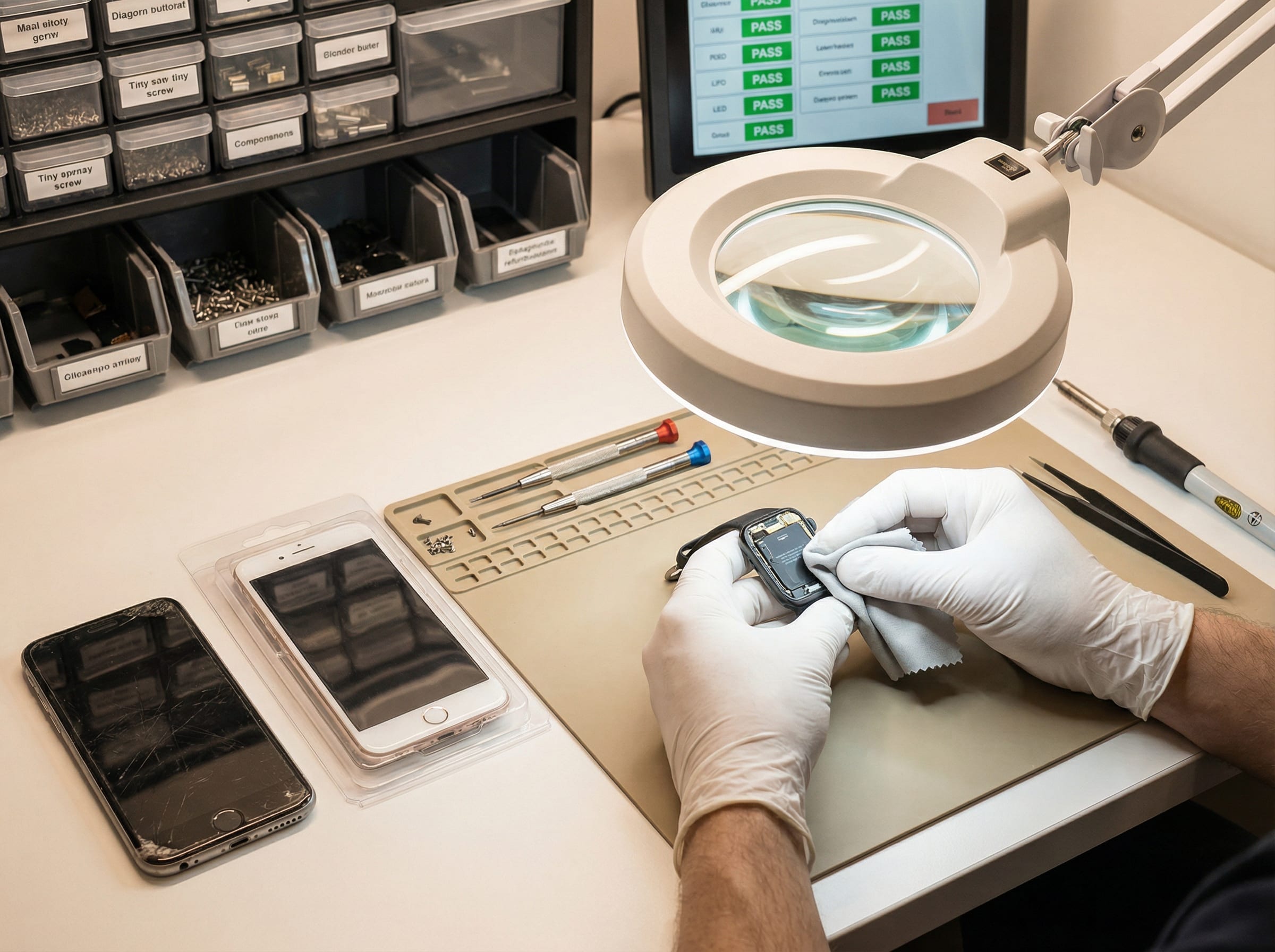 Close-up of a refurbishment workstation with technicians inspecting and repairing electronic products