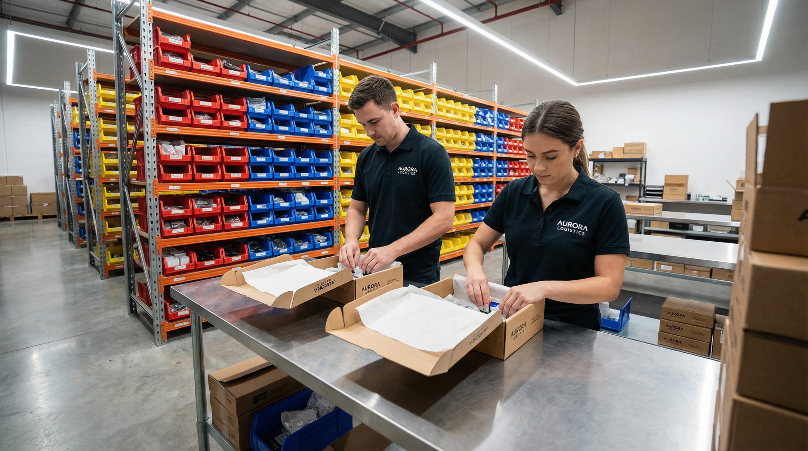 Two warehouse workers assembling product kits at a clean stainless steel workstation with colour-coded component bins on industrial shelving behind them
