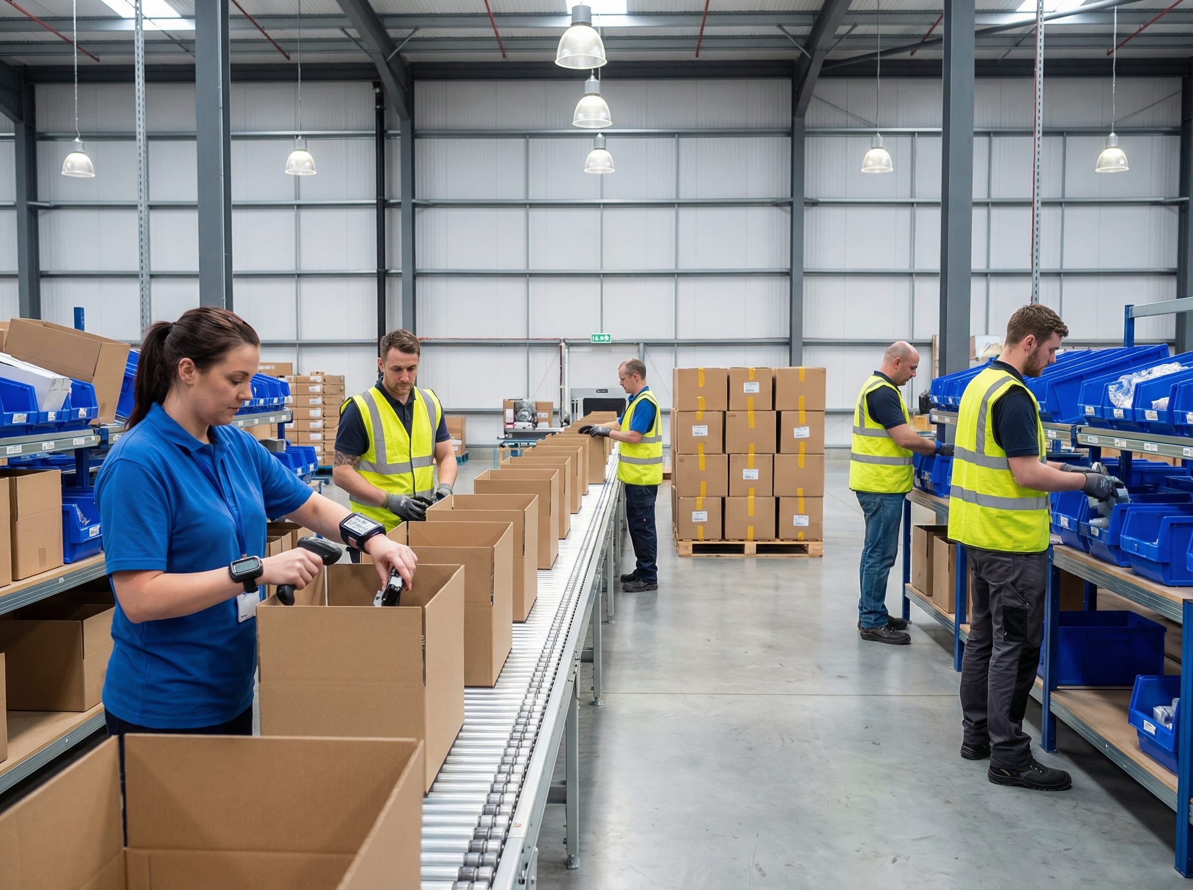 Workers at a kitting line inside a fulfilment centre with conveyor belt, wrist-mounted barcode scanners, and component bins