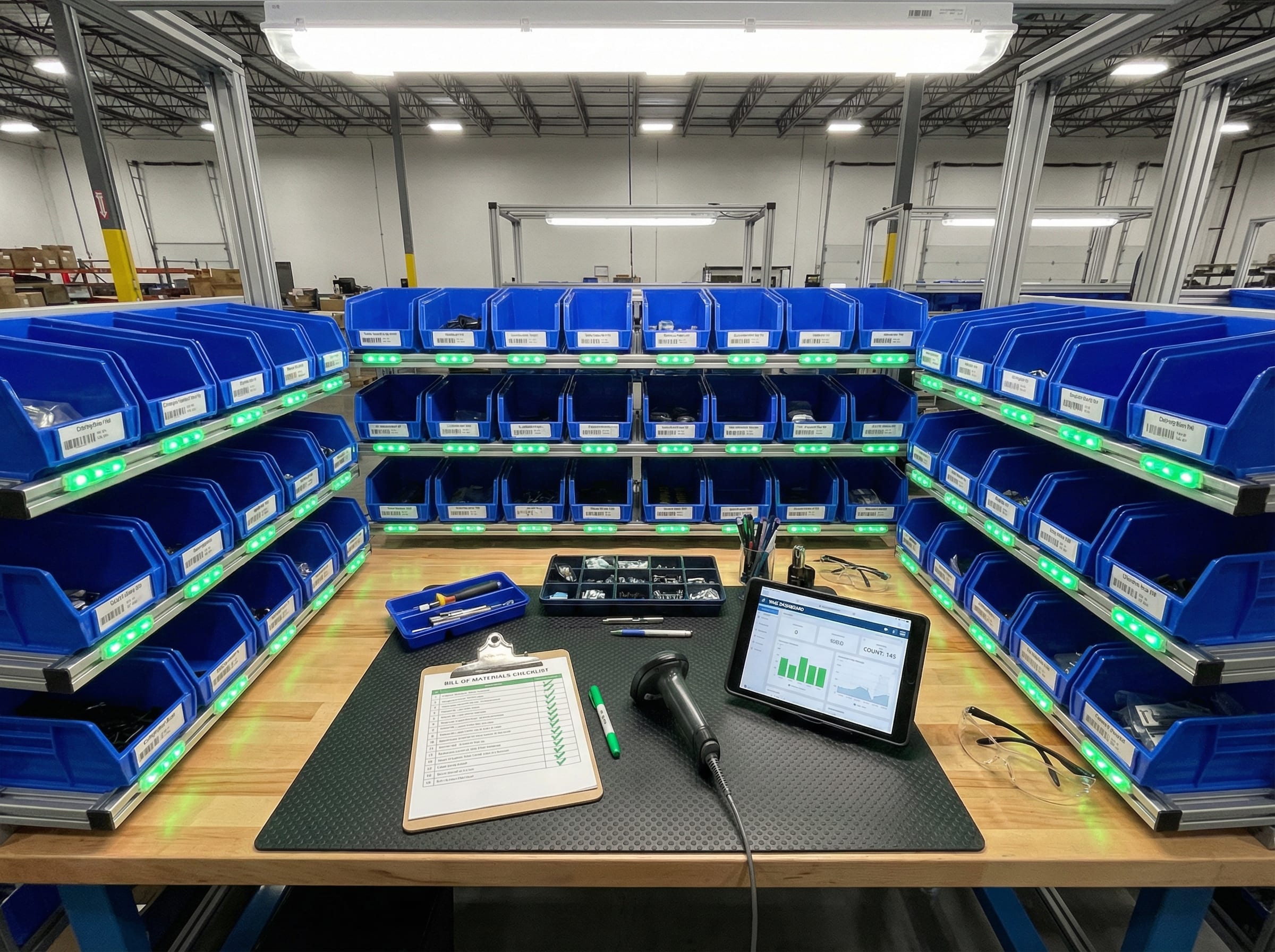 Organised kitting workstation with U-shaped labelled component bins, BOM checklist, barcode scanner, WMS tablet, and pick-to-light LED indicators