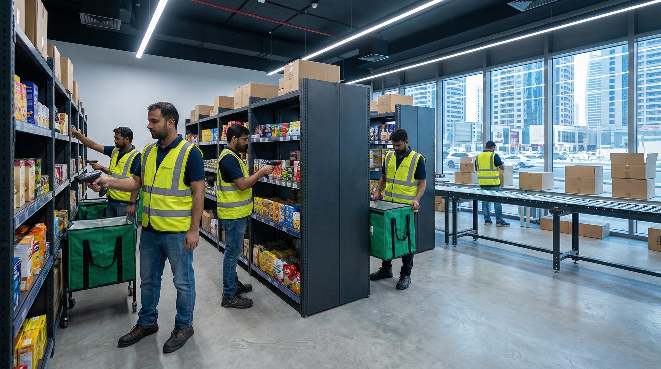 Dark store interior in Dubai with shelves of goods ready for Q-commerce fulfillment