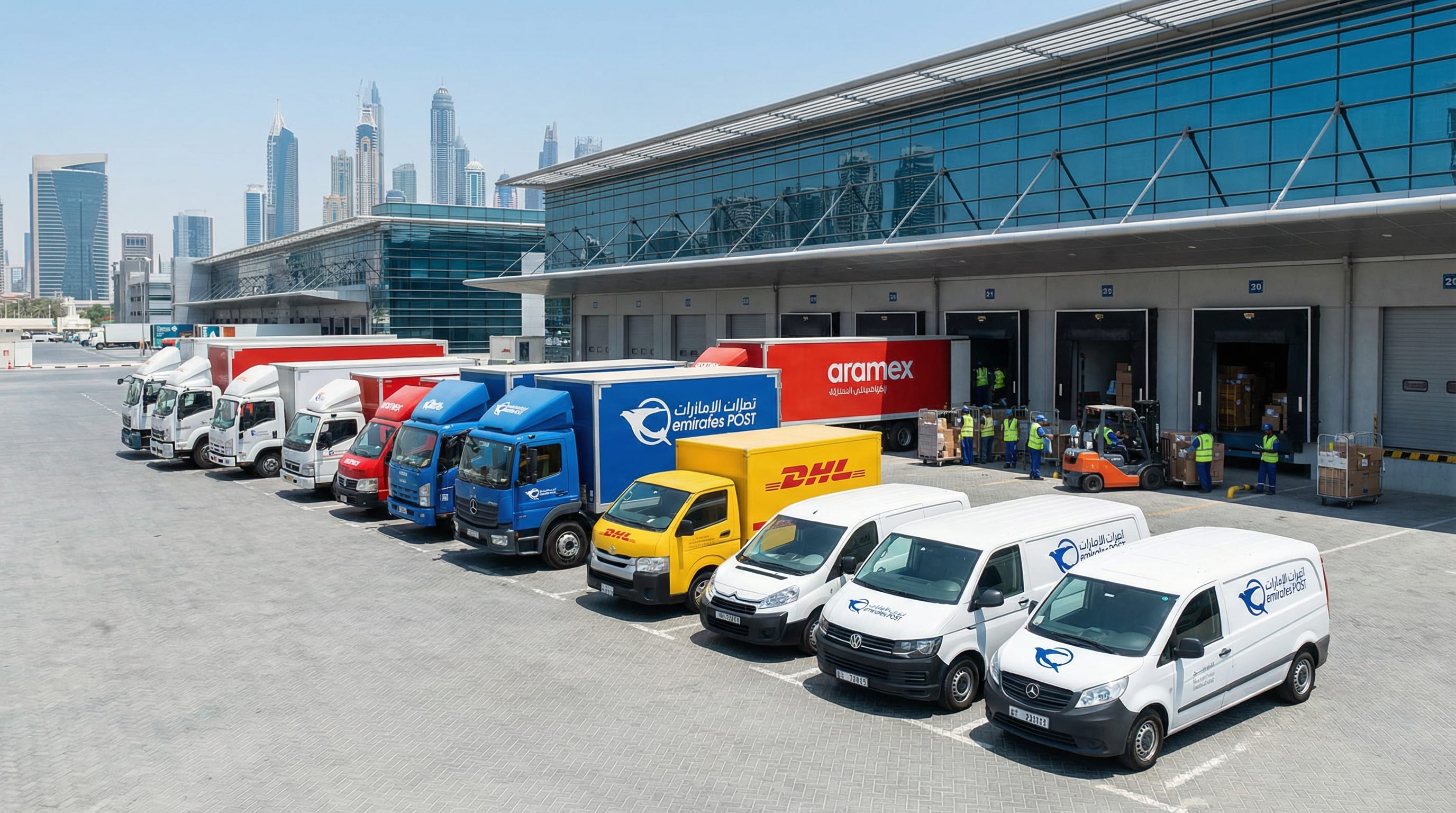 Delivery vans lined up at a Dubai logistics hub
