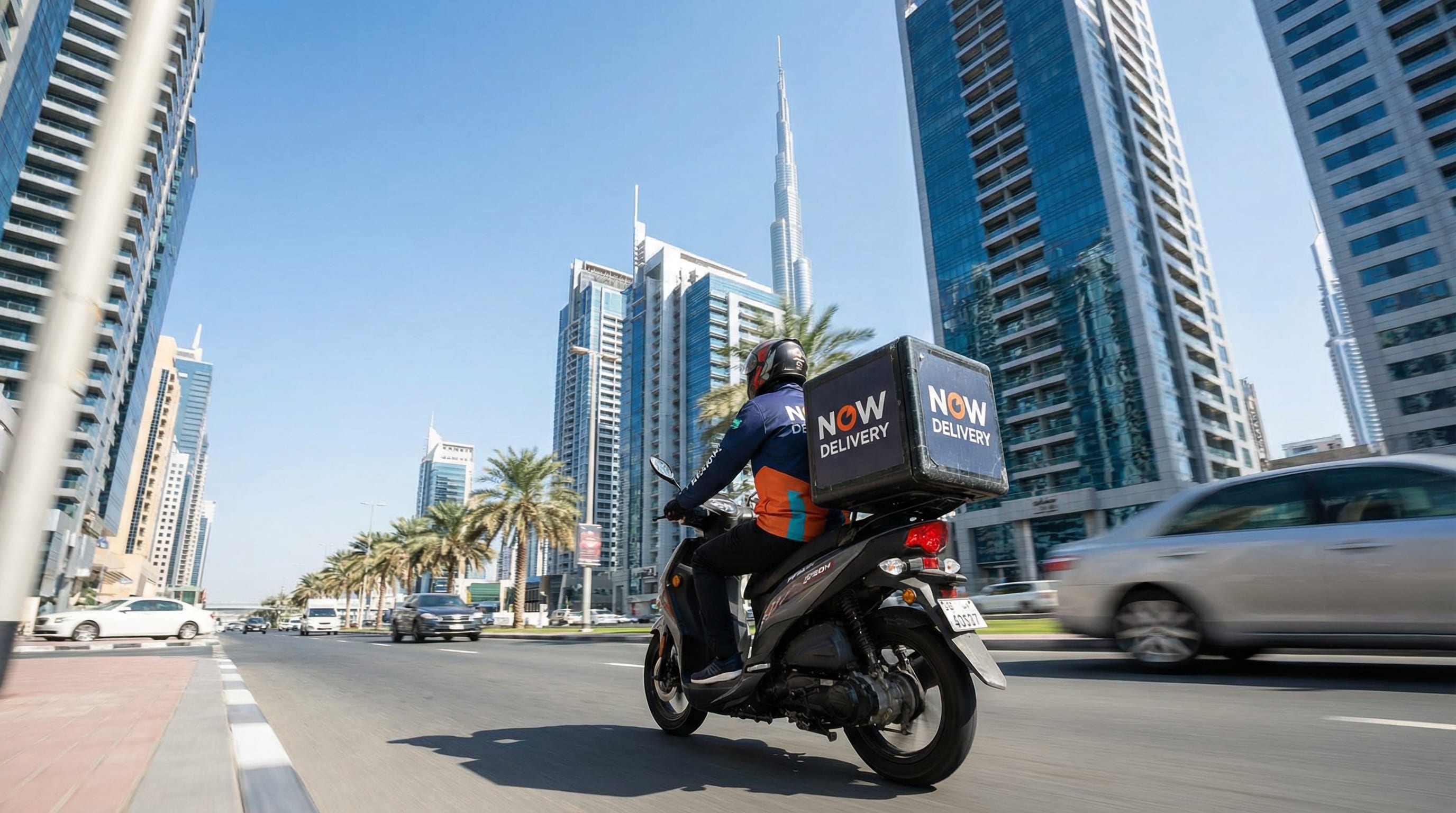 Motorcycle courier making a local delivery in Dubai