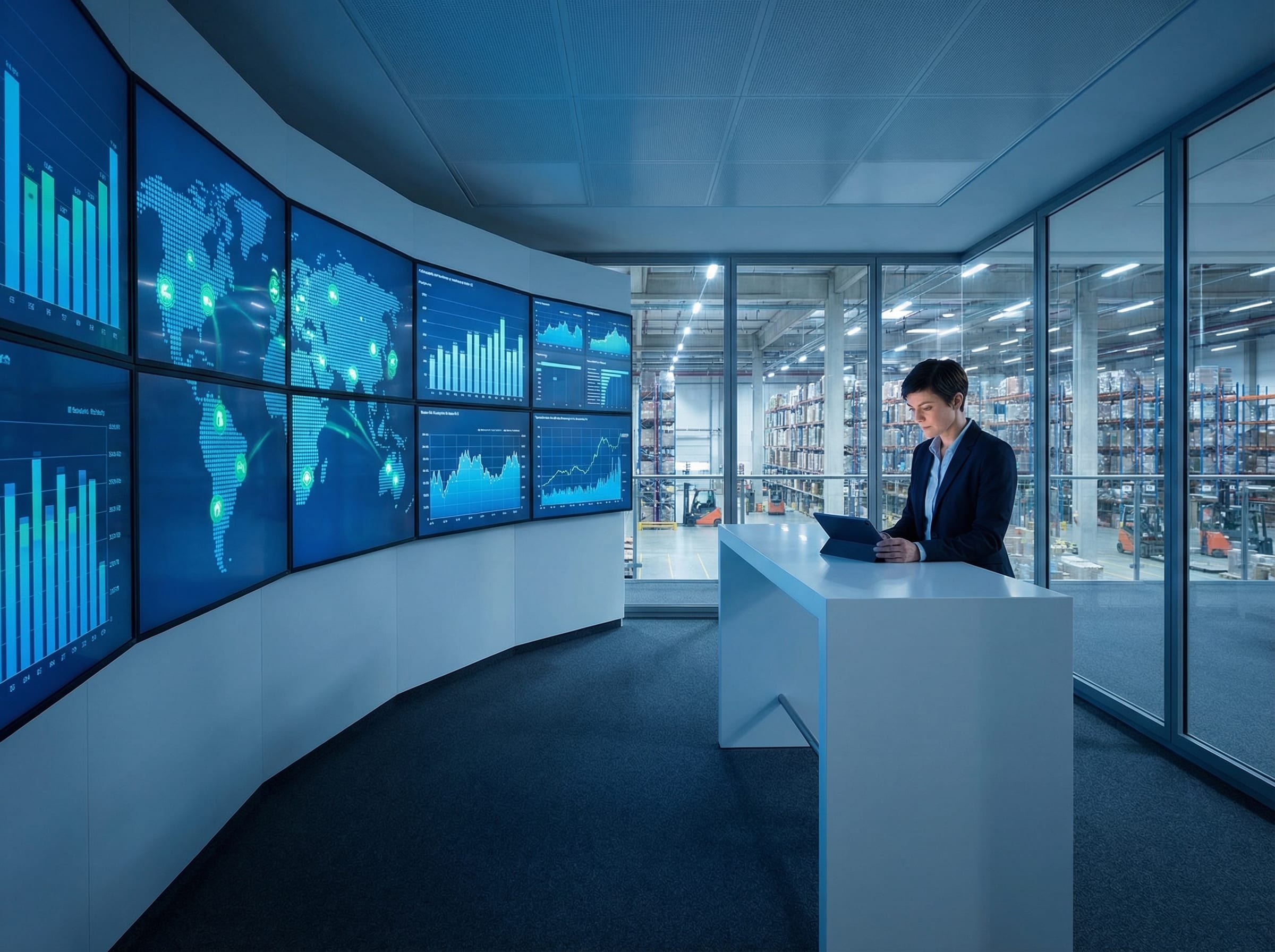 Modern logistics control room with digital screens showing supply chain data