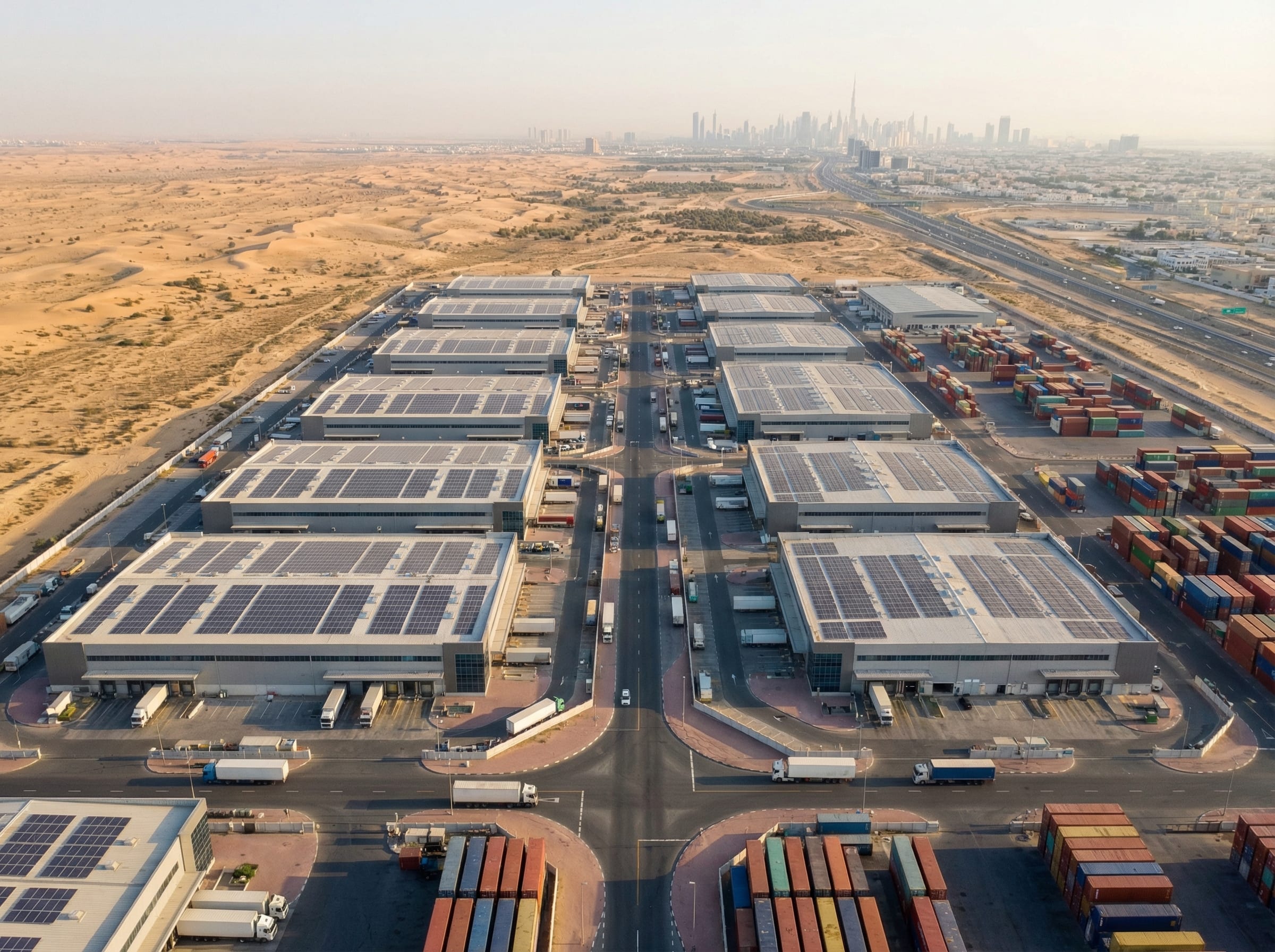 Aerial view of Jebel Ali Free Zone with warehouses and port infrastructure