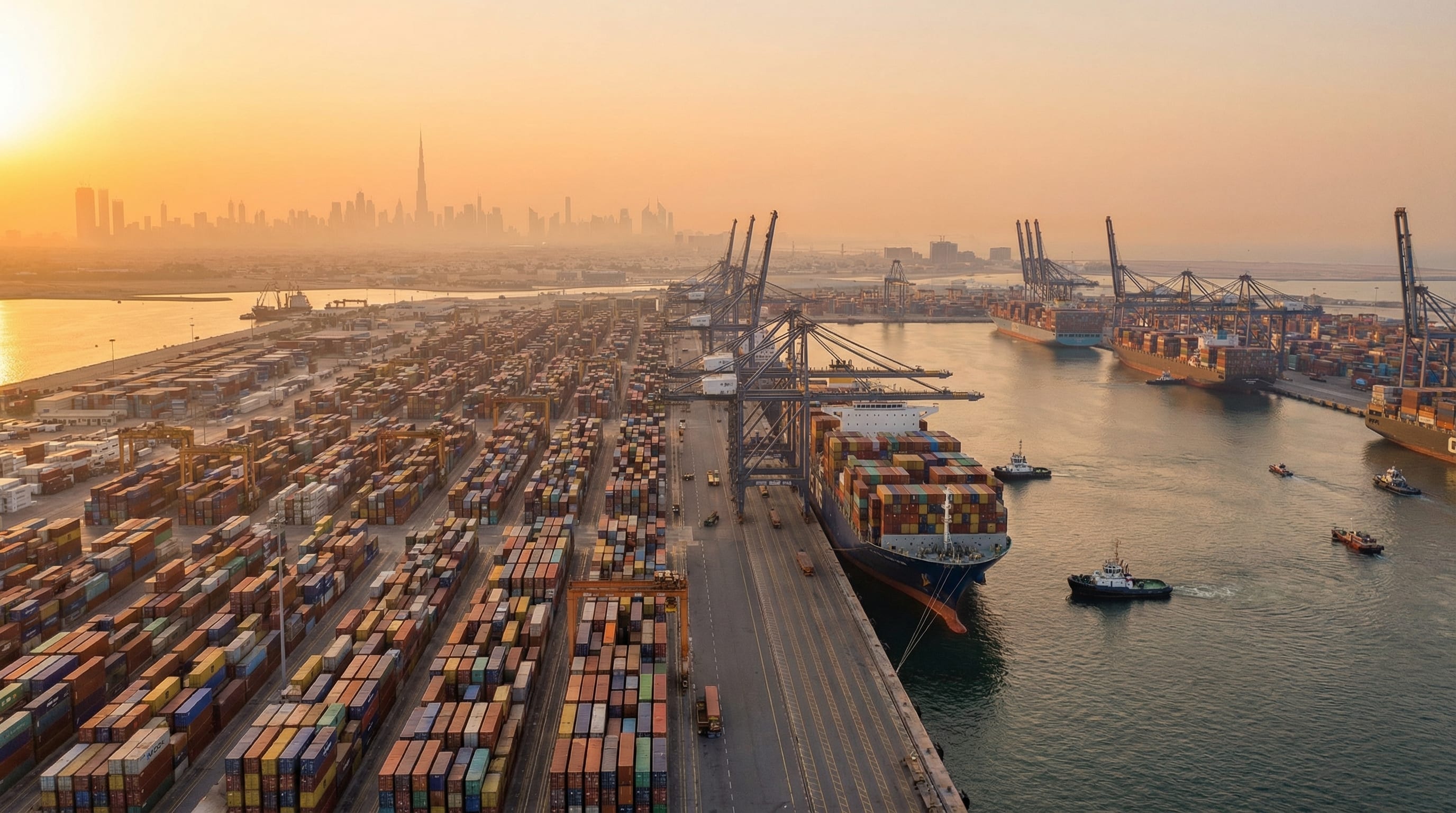 Aerial view of a major UAE port at golden hour with container ships and cranes
