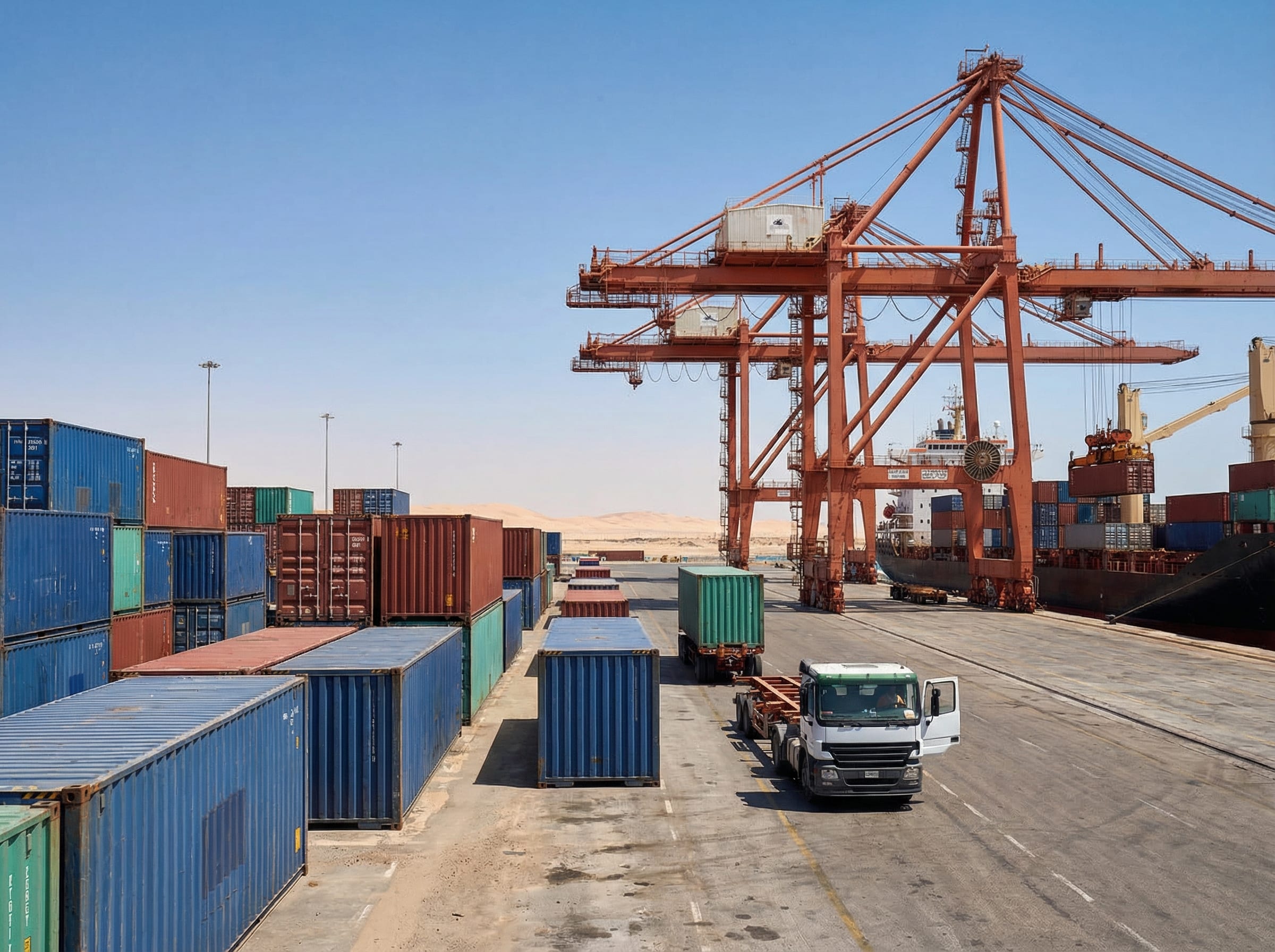 Container port terminal with gantry cranes and stacked shipping containers