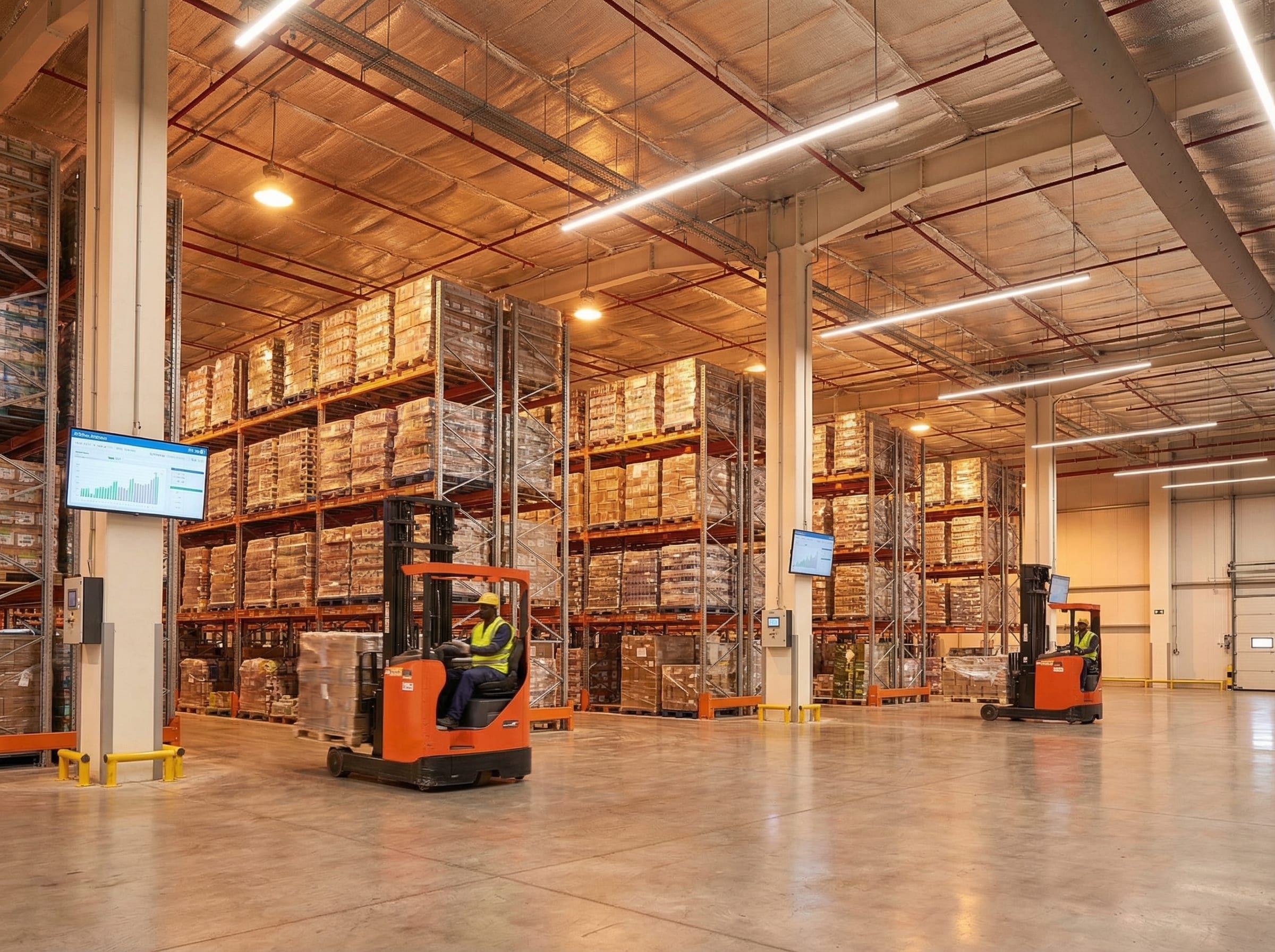 Interior of a modern logistics warehouse in the UAE with automated systems and organized storage racks