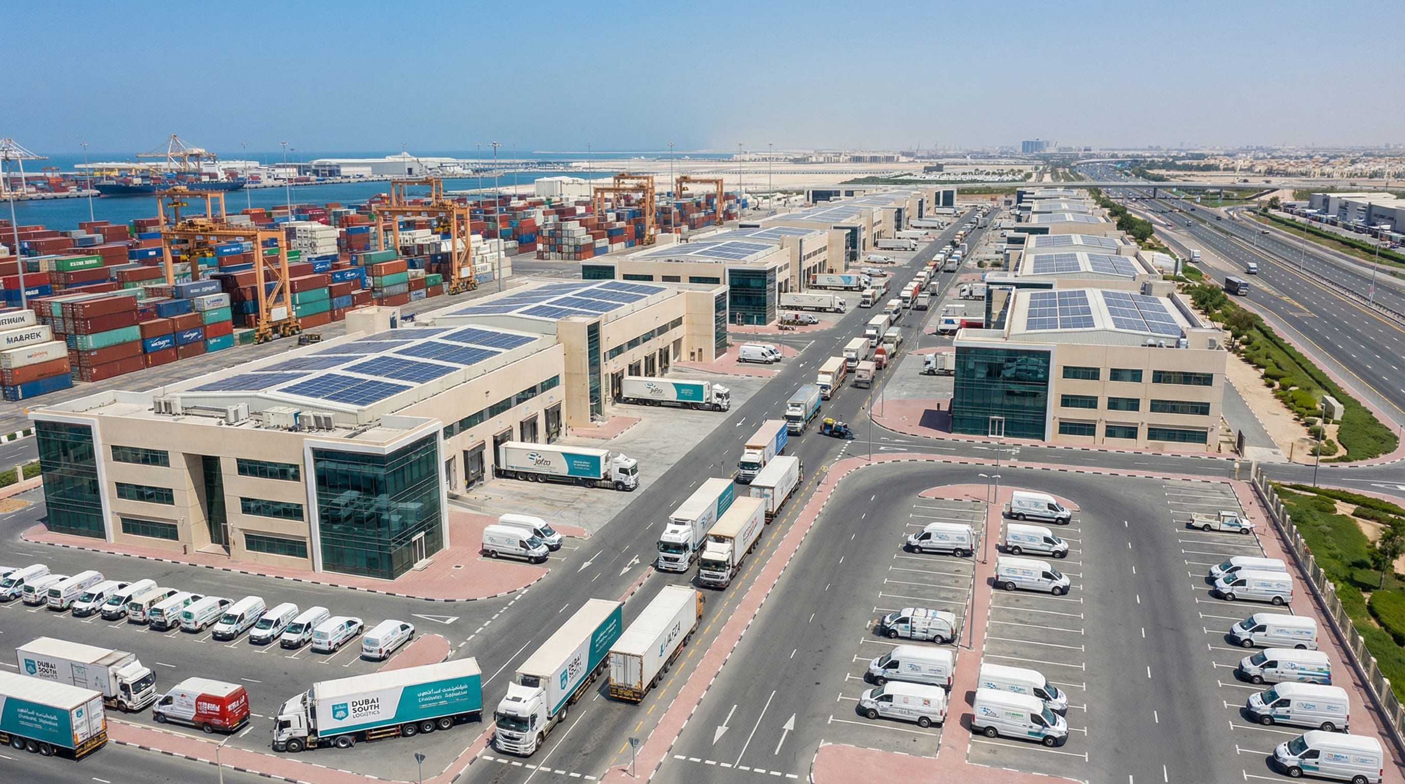 Aerial view of a Dubai free zone logistics complex